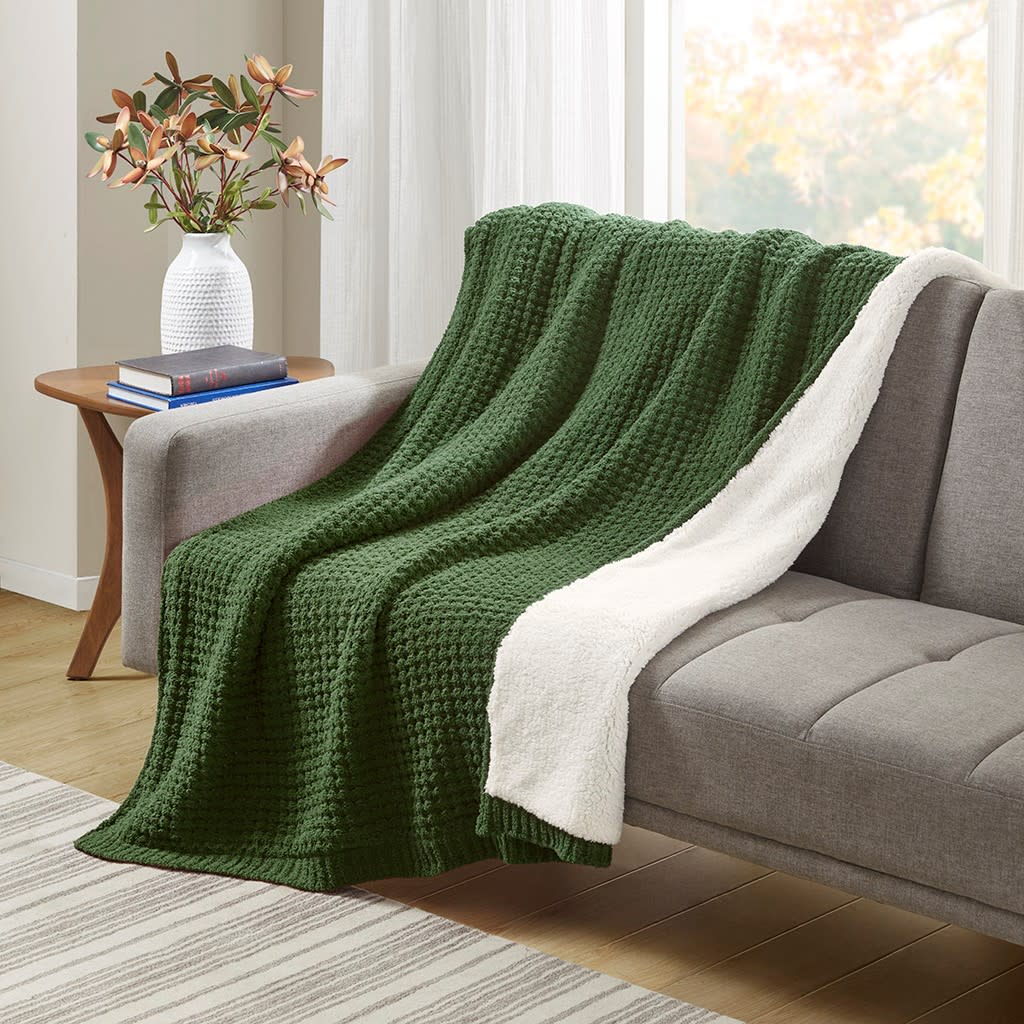 Green Knit and Sherpa Throw 50"W x 60"L