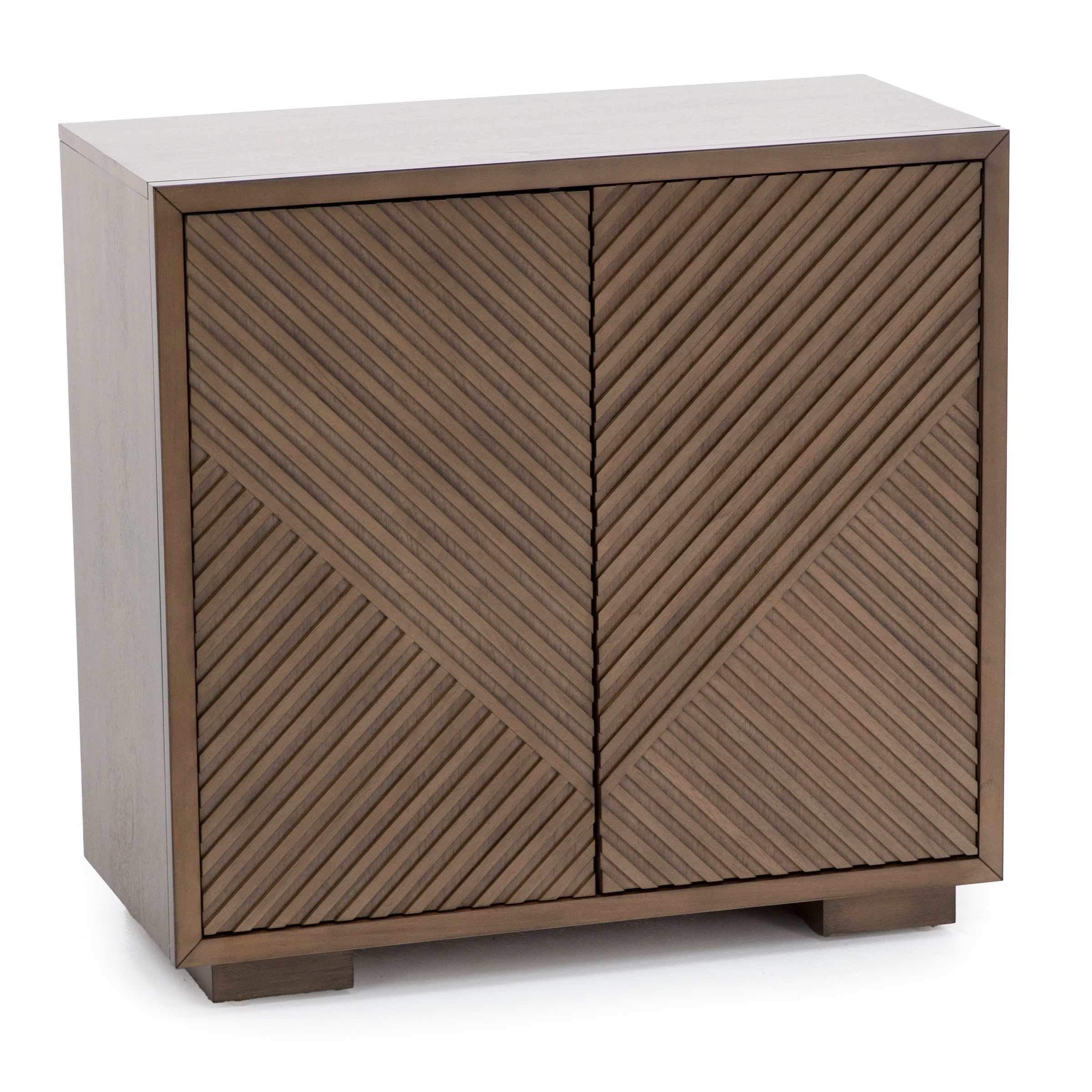 Brown wood cabinet with chevron pattern doors