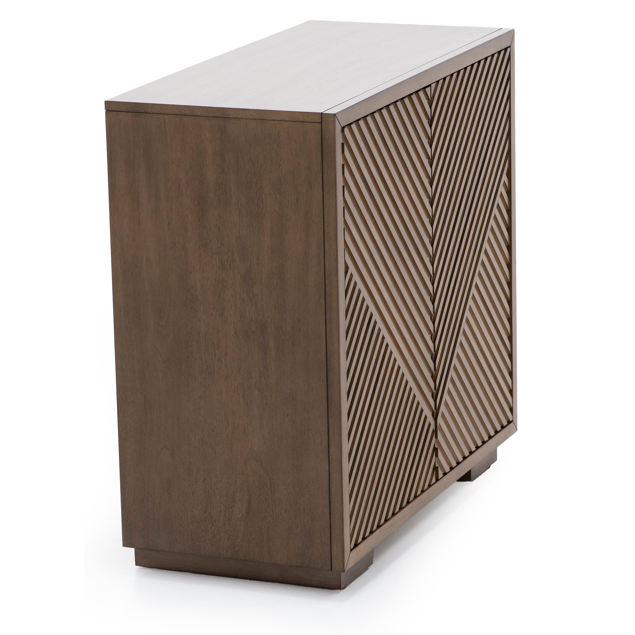 Contemporary wood cabinet with chevron-patterned doors.