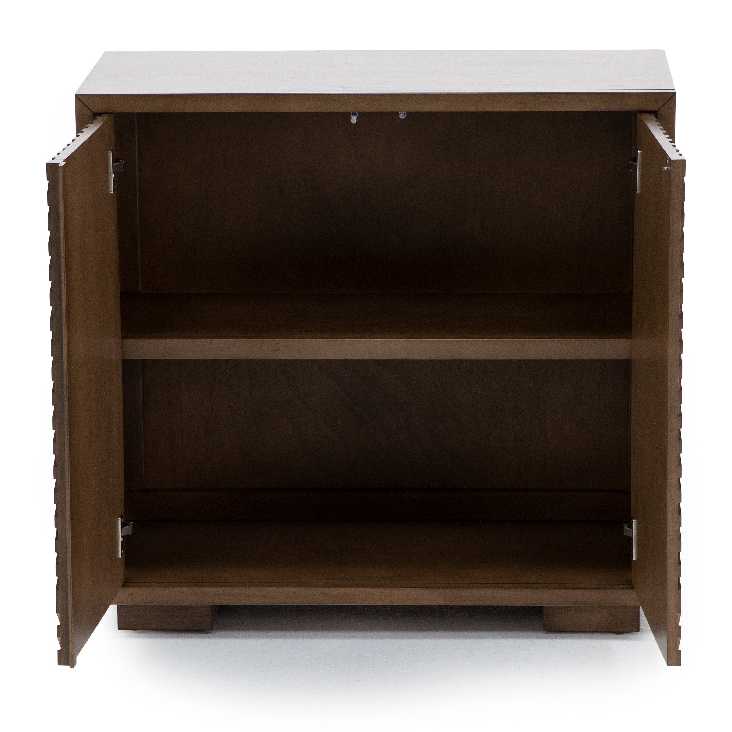 Open wooden cabinet with two doors and interior shelf, empty.
