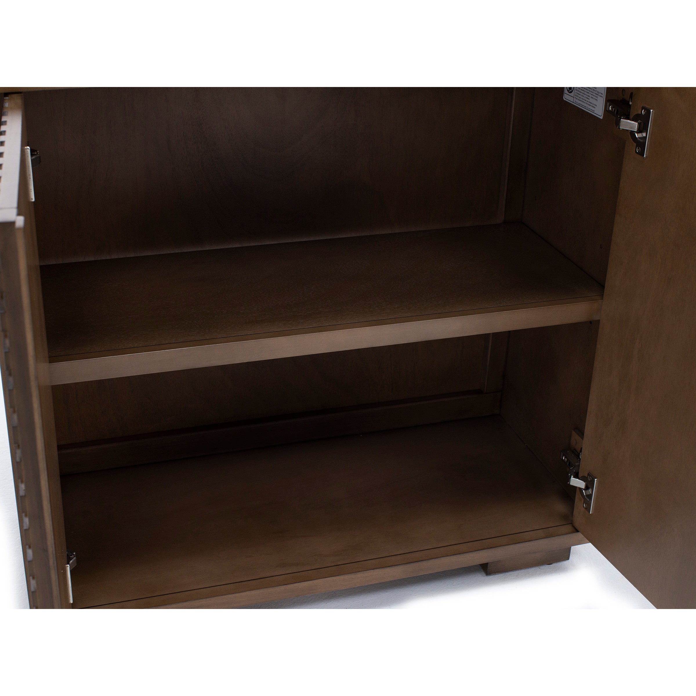 Empty wooden cabinet interior with two shelves.