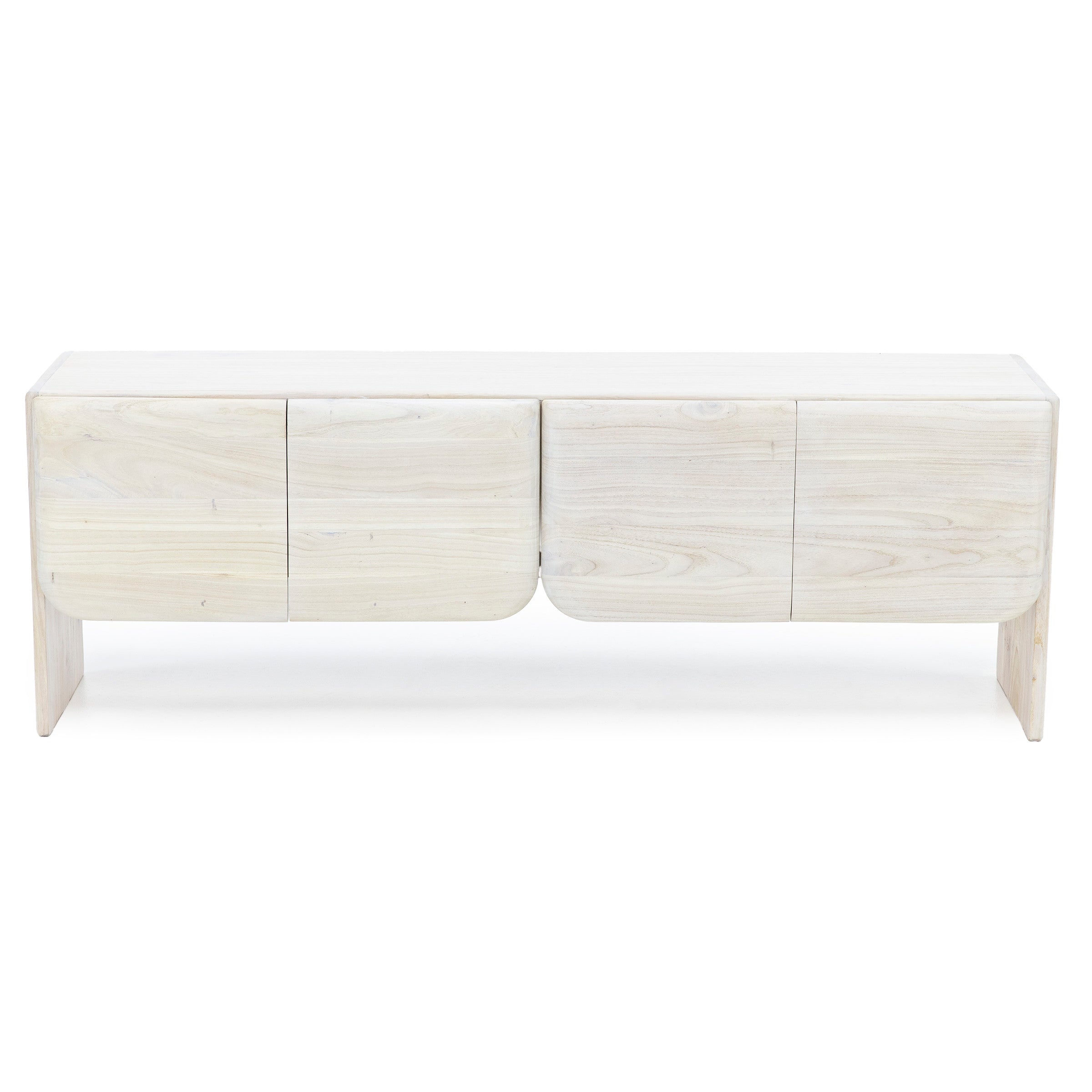 Light wood modern sideboard with four doors and rounded corners.