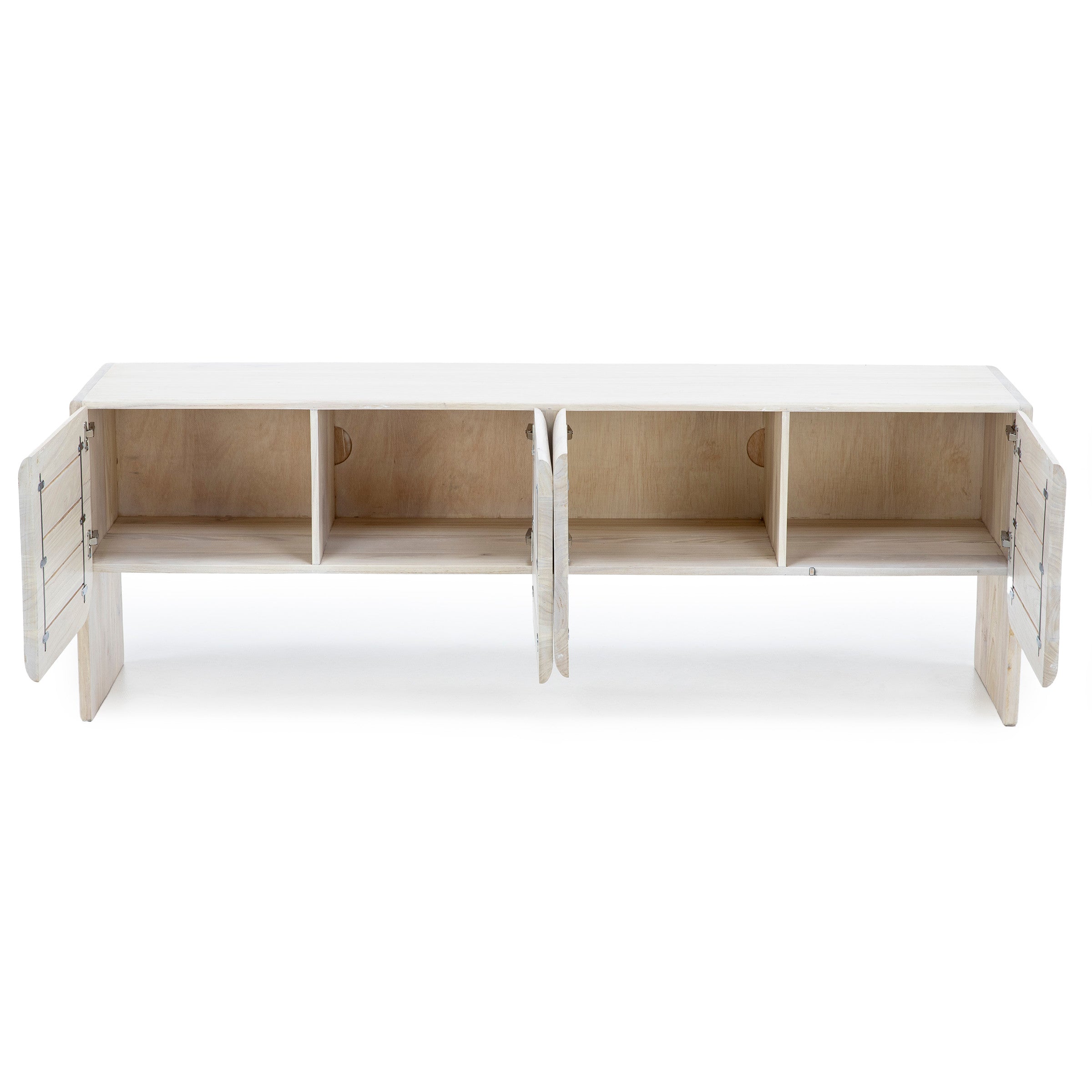 Light wood TV stand with four open cabinet doors and interior shelving.