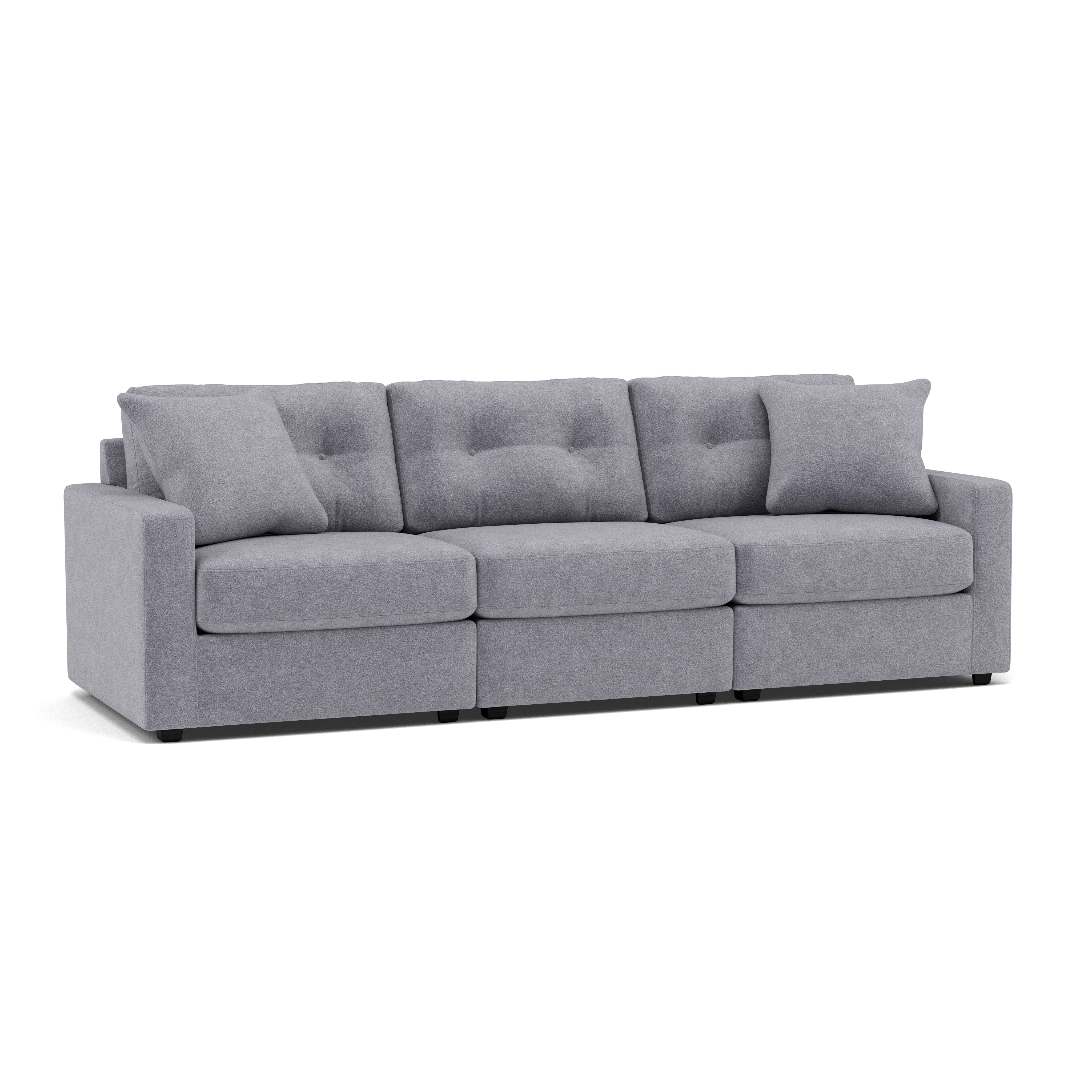 Light gray three-seat sofa with square arms and cushions.