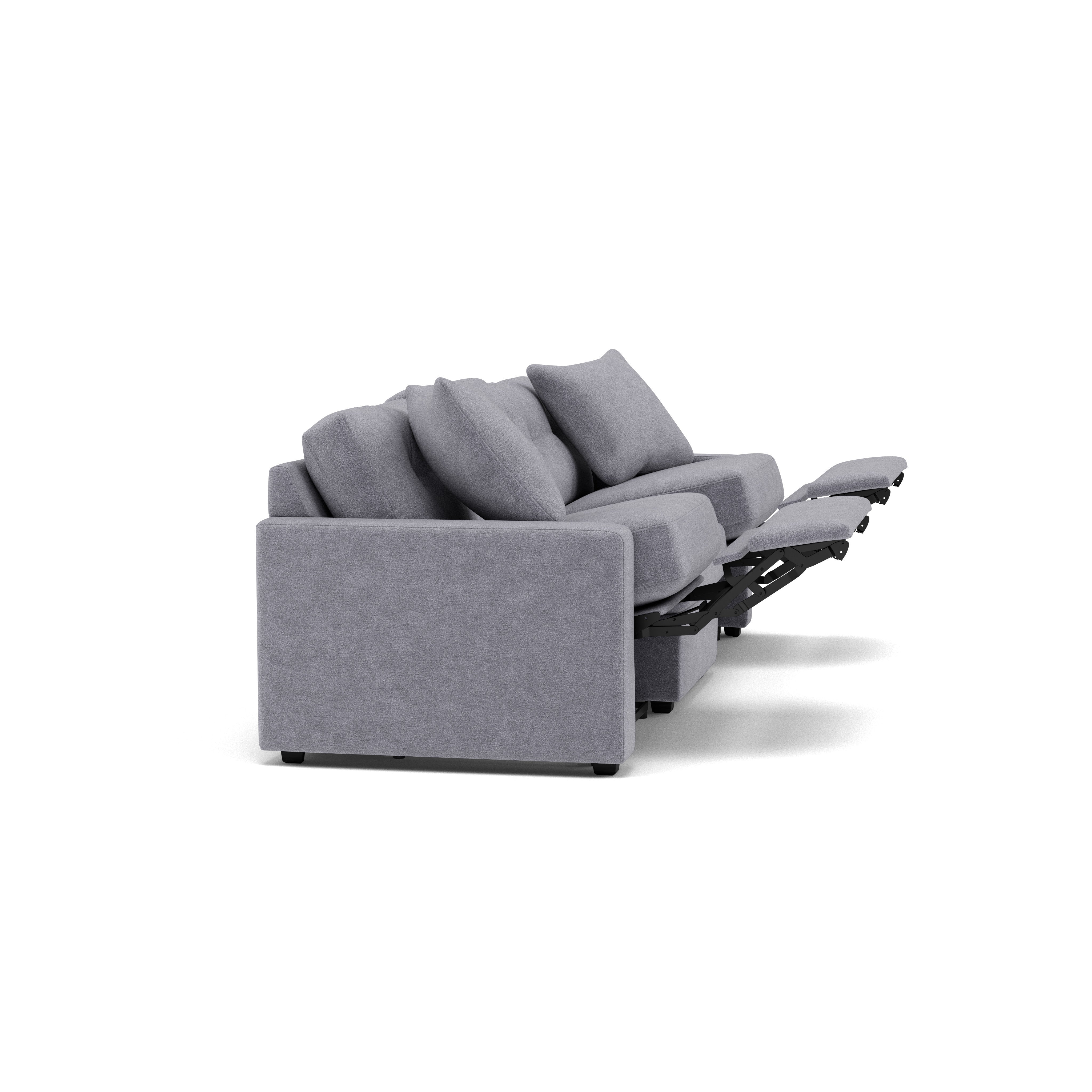 Side view of a gray reclining sofa with extended footrests.