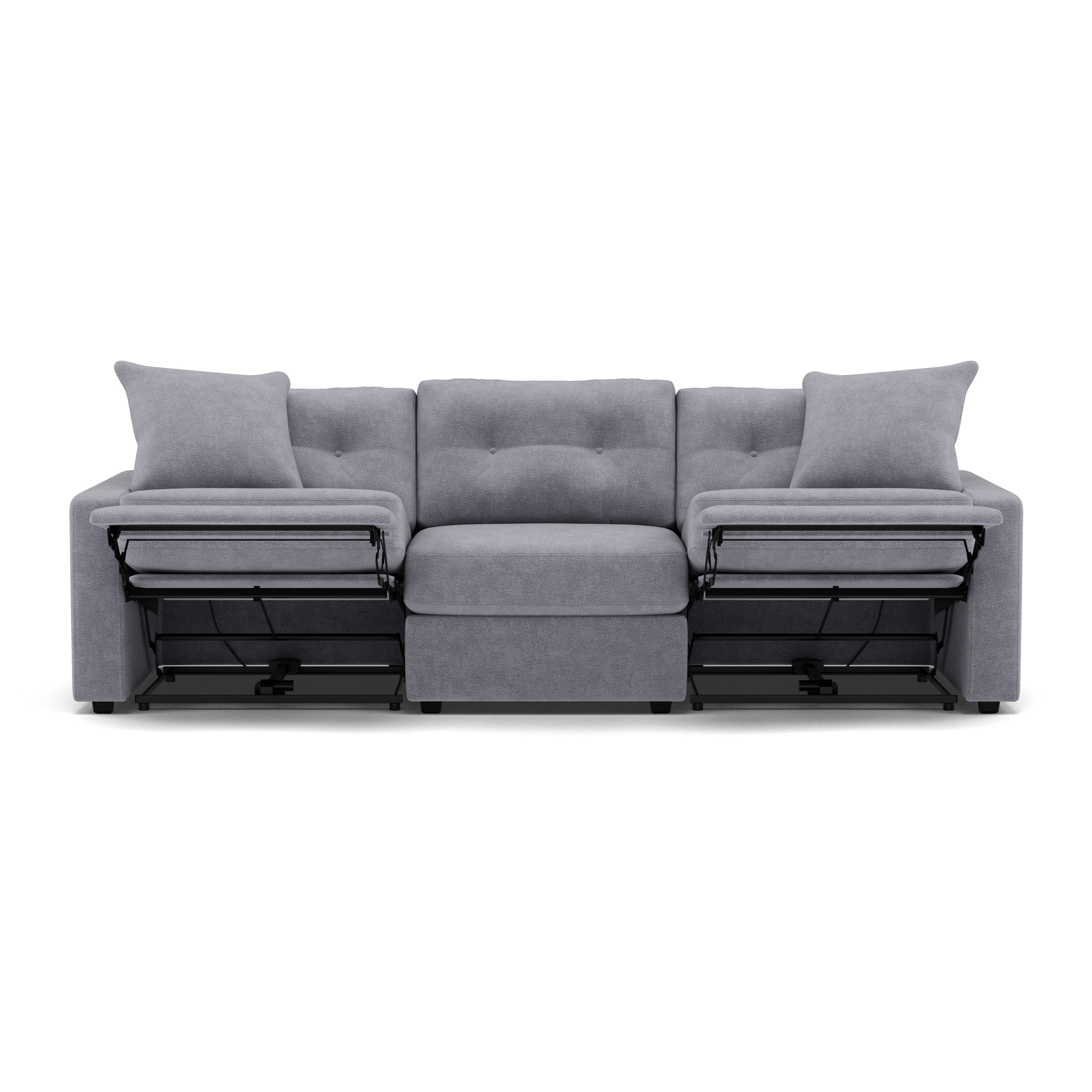 Front view of a gray sofa with two extended recliners and two cushions.