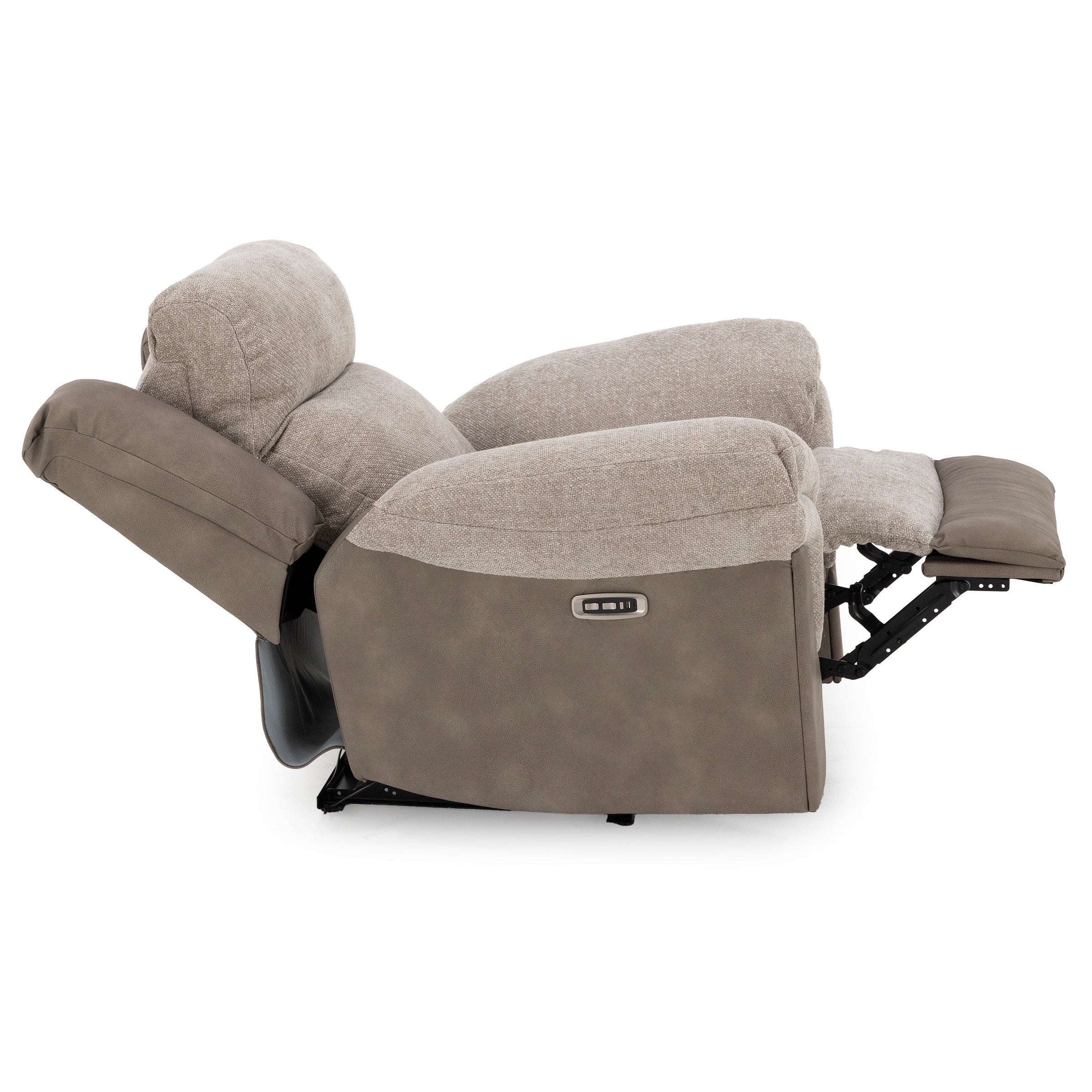 Side view of a recliner chair extended with footrest and plush cushions.