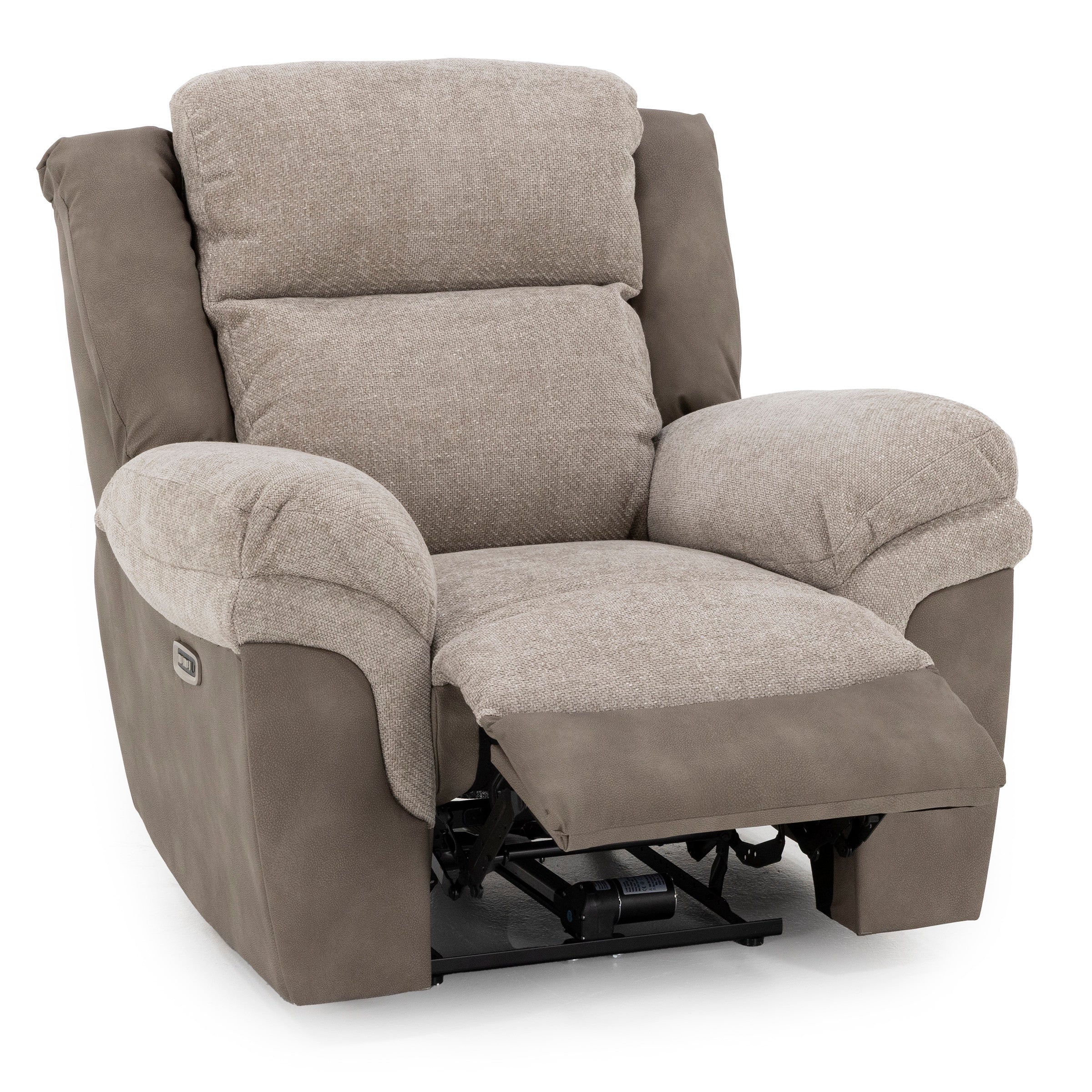 Taupe fabric recliner chair with padded arms and extended footrest.