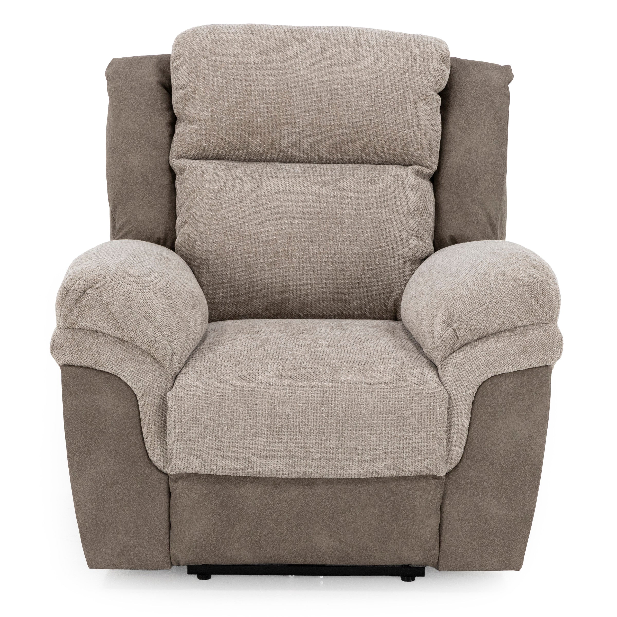 Front view of a plush, two-tone recliner chair with padded arms and back.