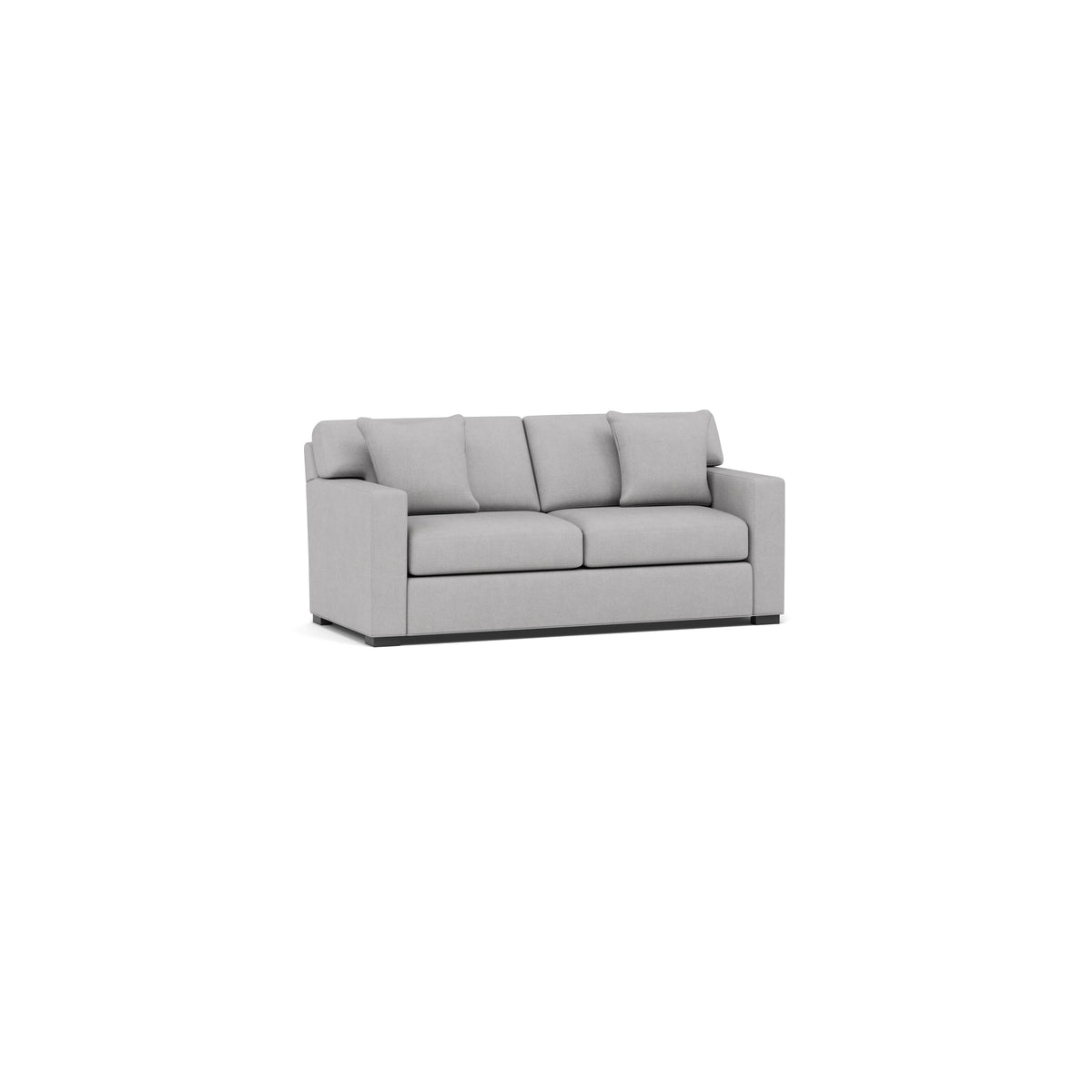 Light gray modern sofa with square arms and two seat cushions.