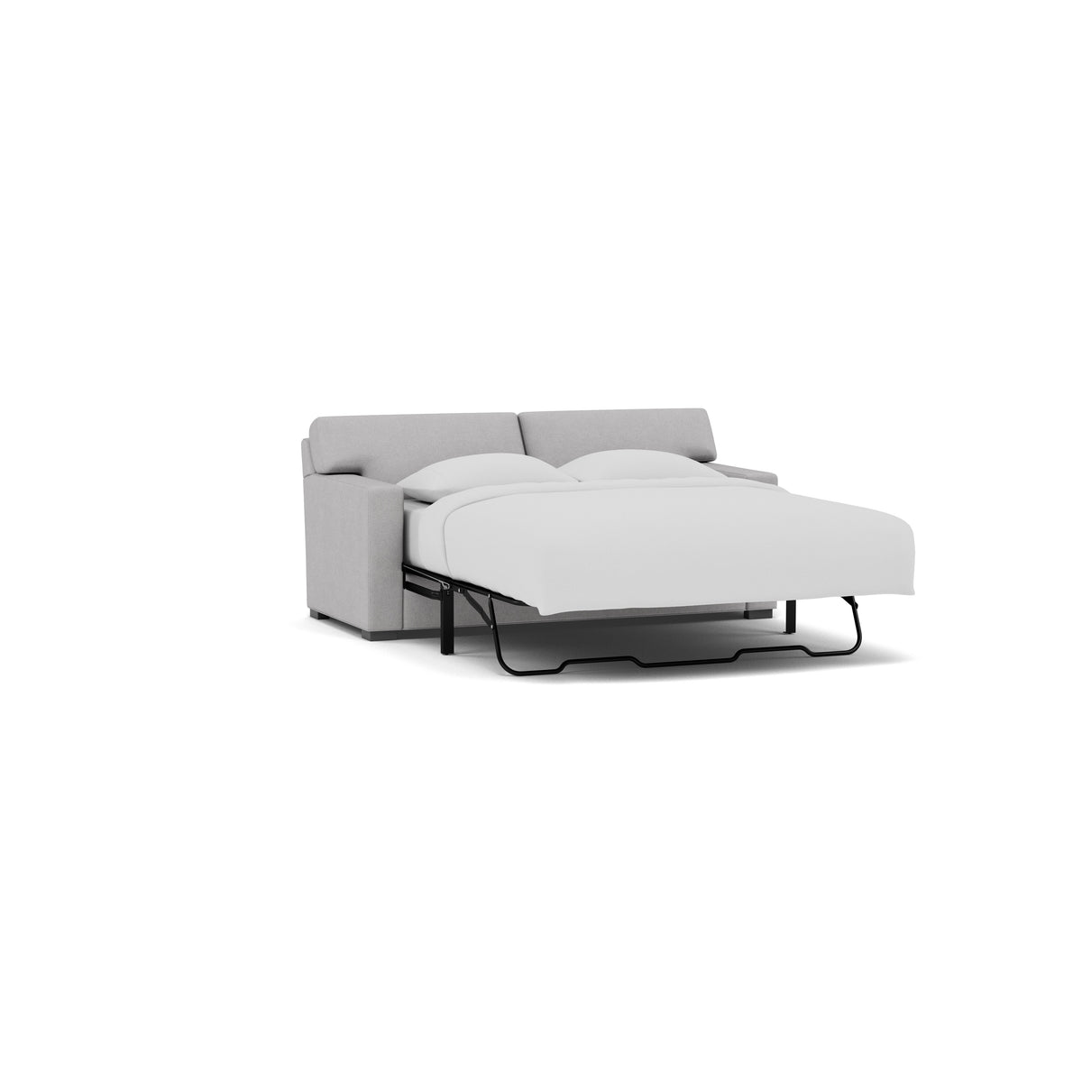 Light grey sleeper sofa with mattress extended, shown with white bedding.