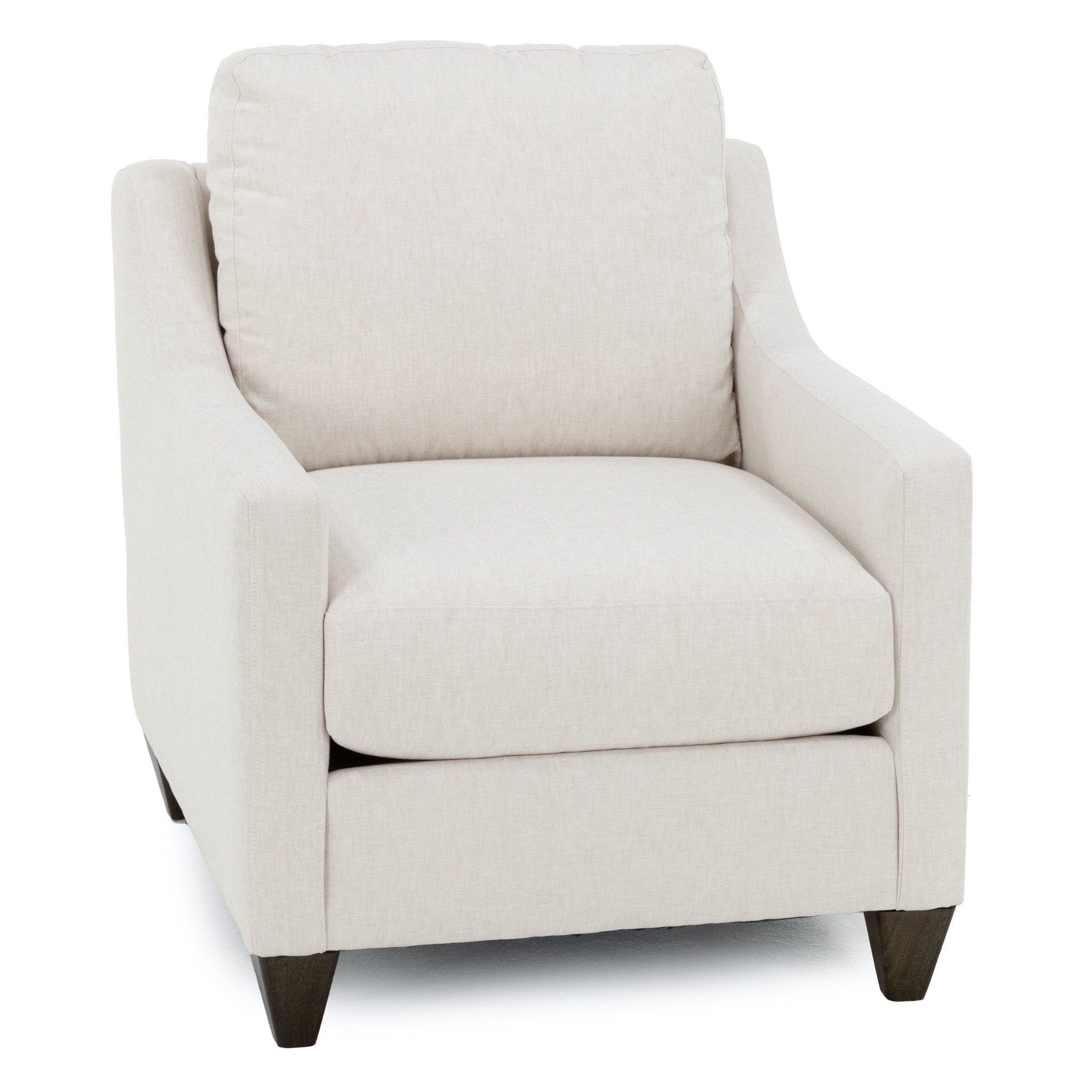 Beige upholstered armchair with cushioned seat and backrest.