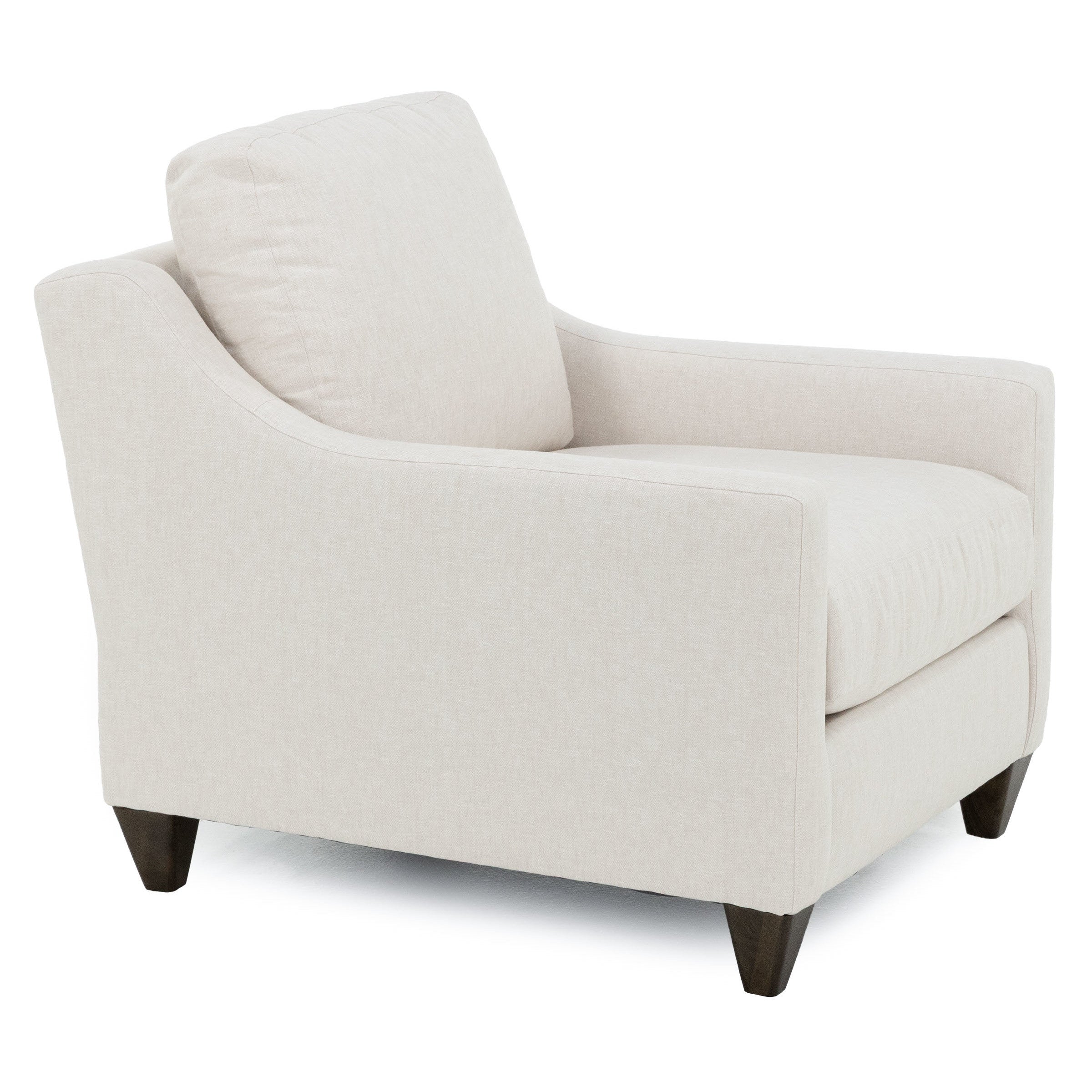 Beige upholstered armchair with angled wooden legs.