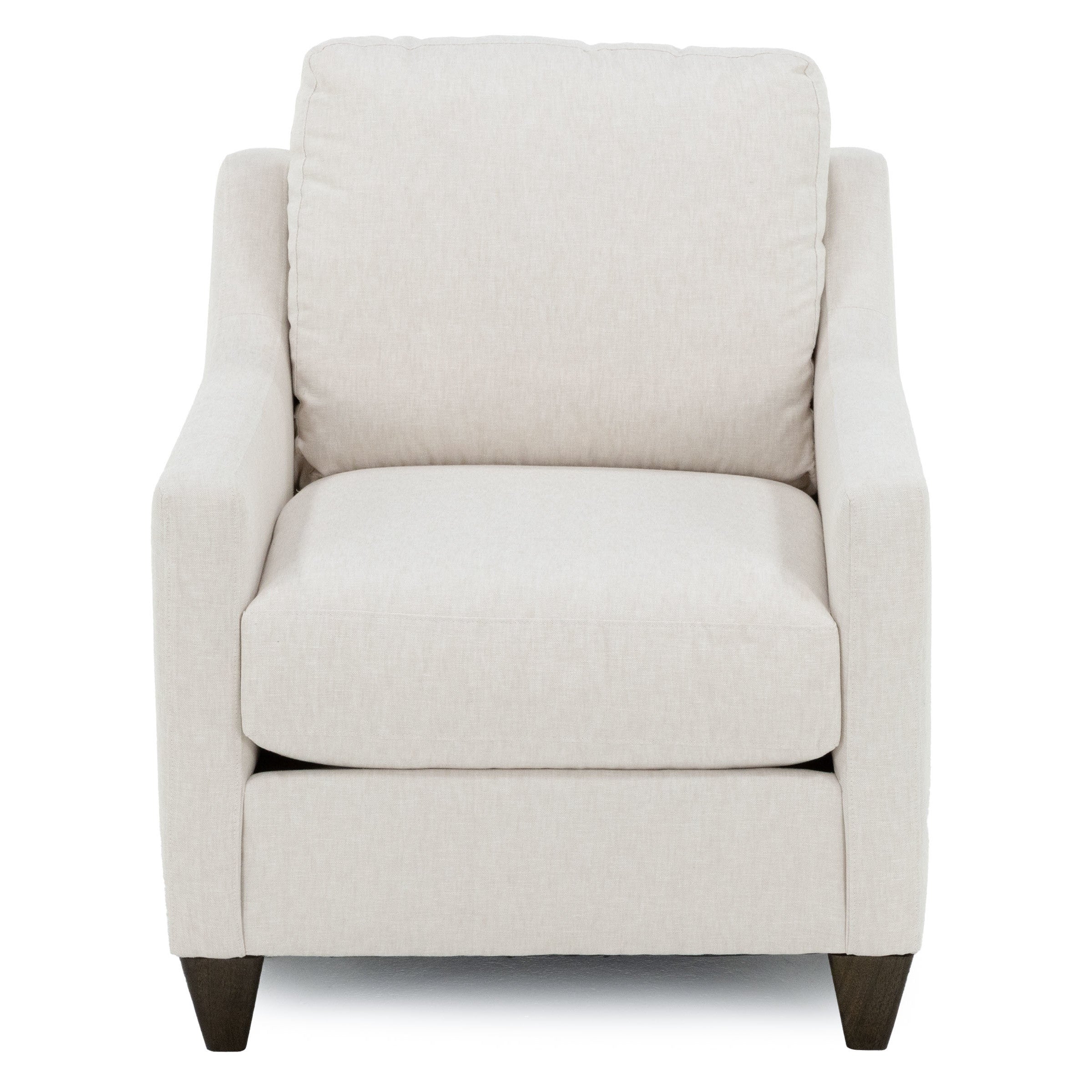 Beige upholstered armchair with padded seat and back, featuring straight arms and dark wood legs.
