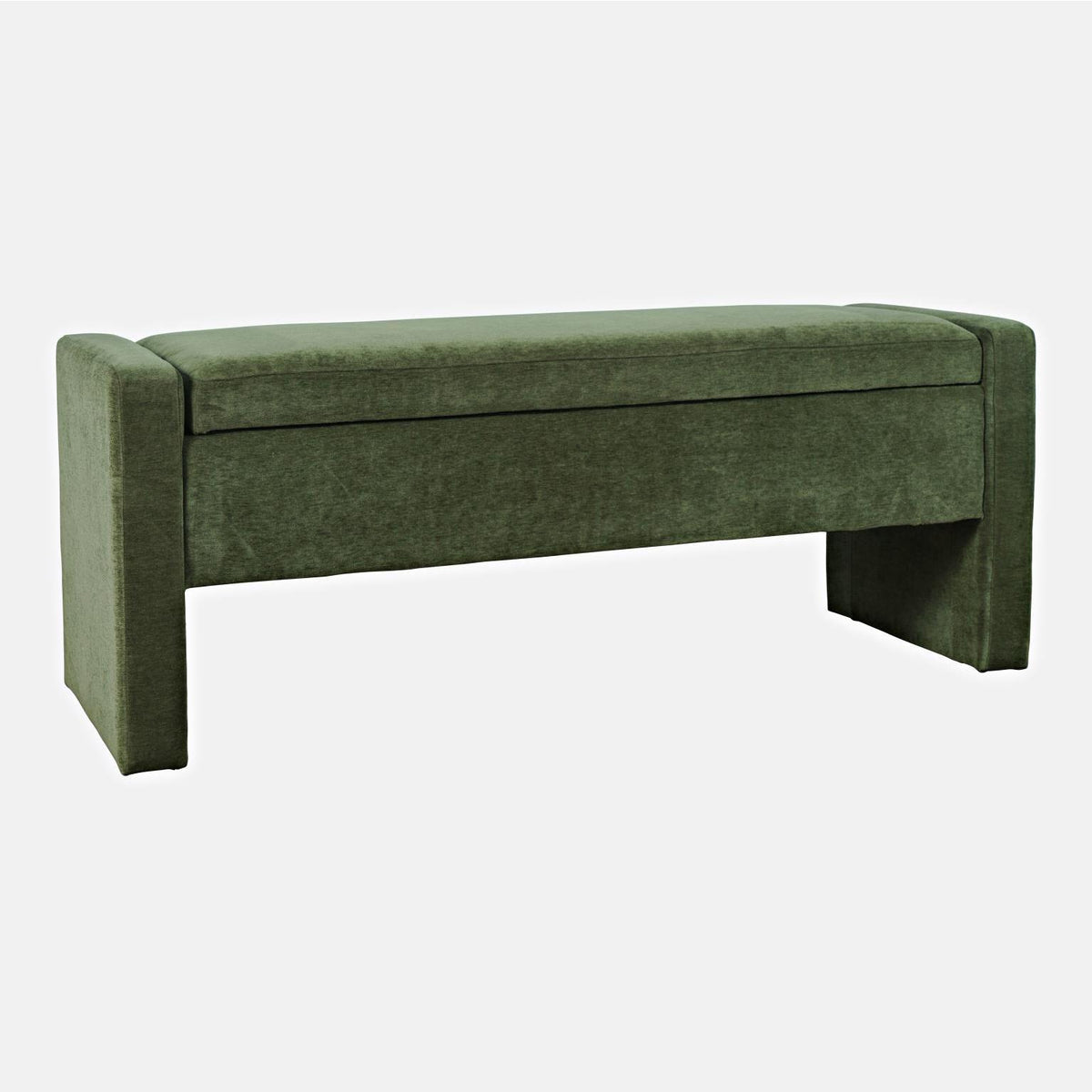 Olive green upholstered storage bench with modern rectangular design.