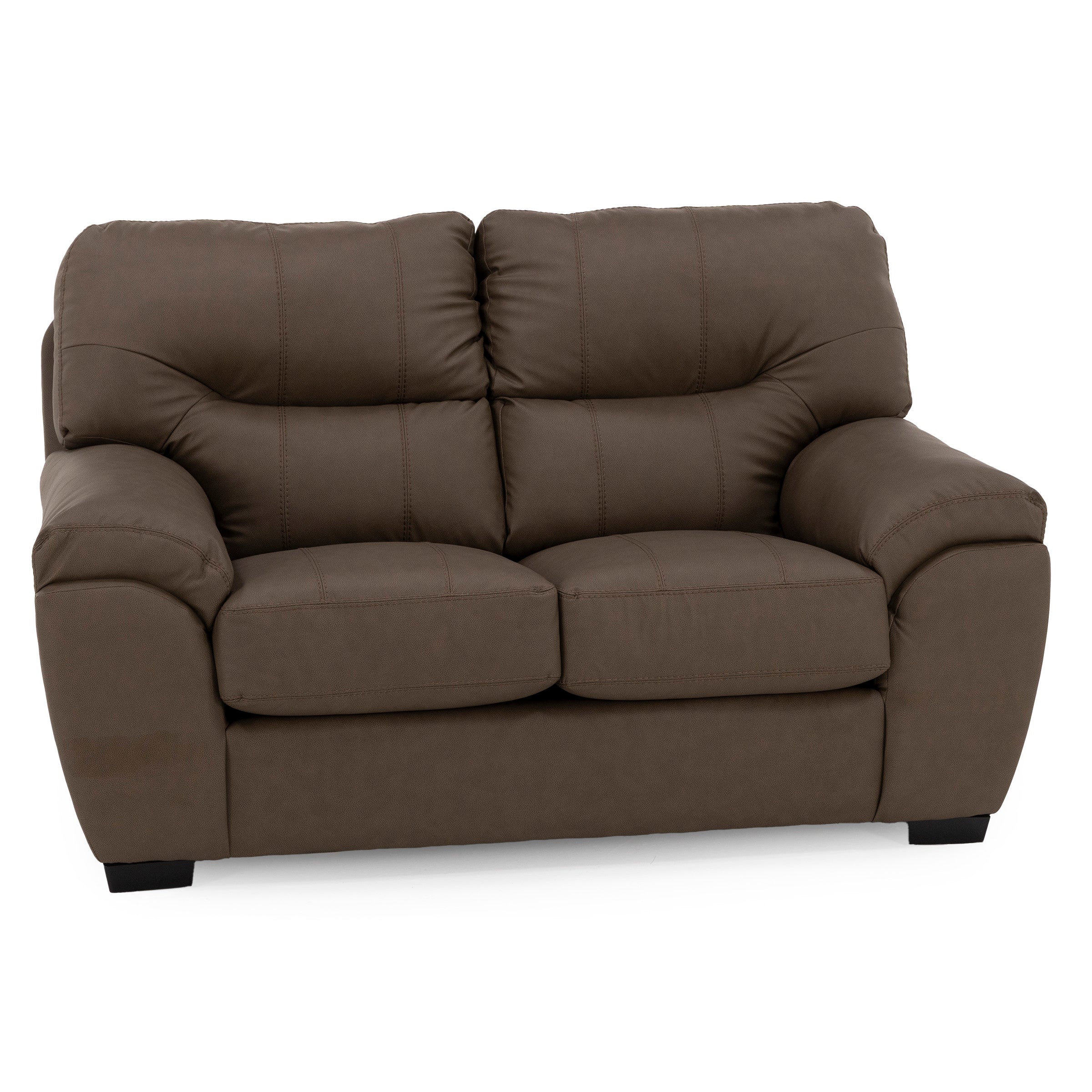 Brown upholstered loveseat with plush cushions and wide armrests.