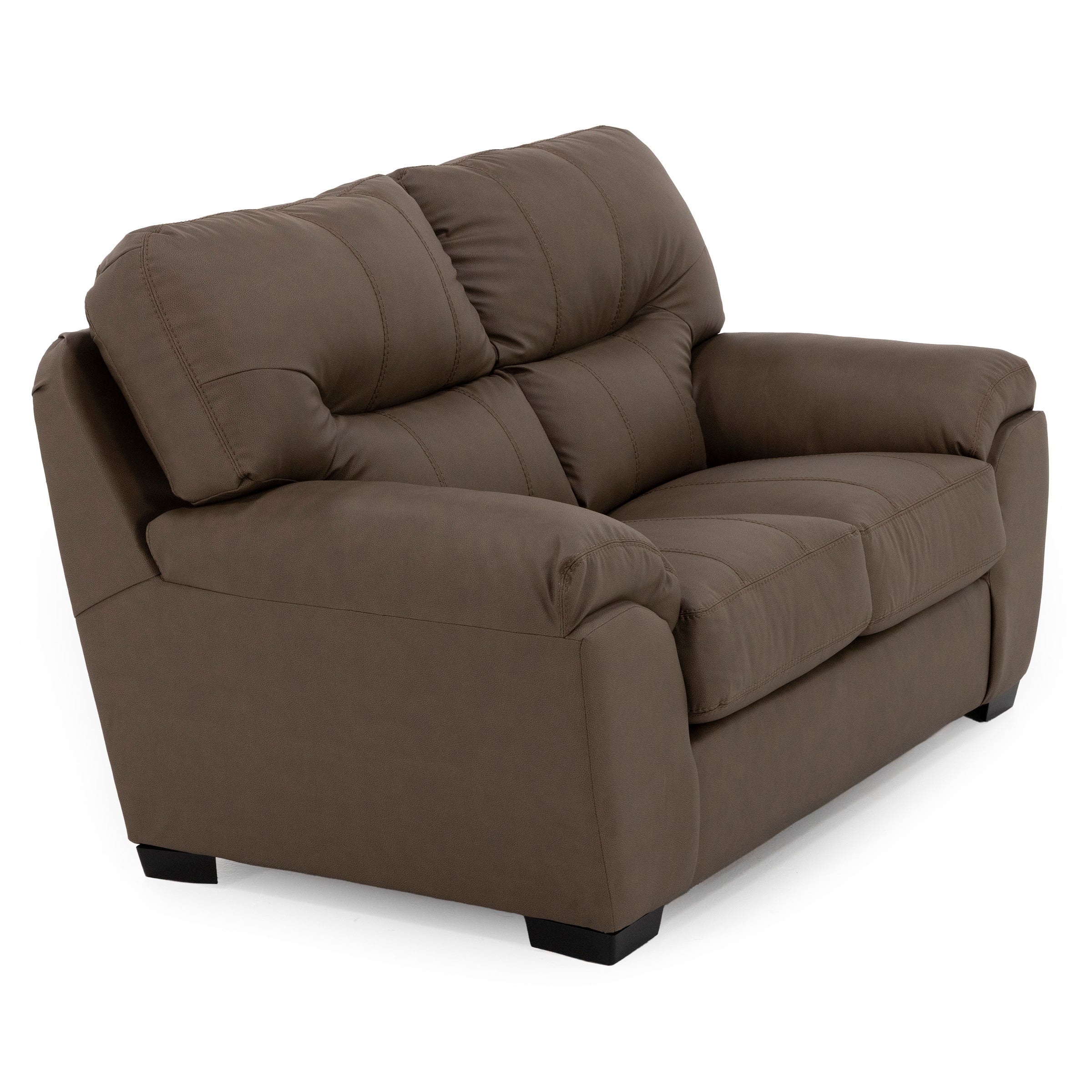 Brown two-seater sofa with plush cushions and slightly angled arms.
