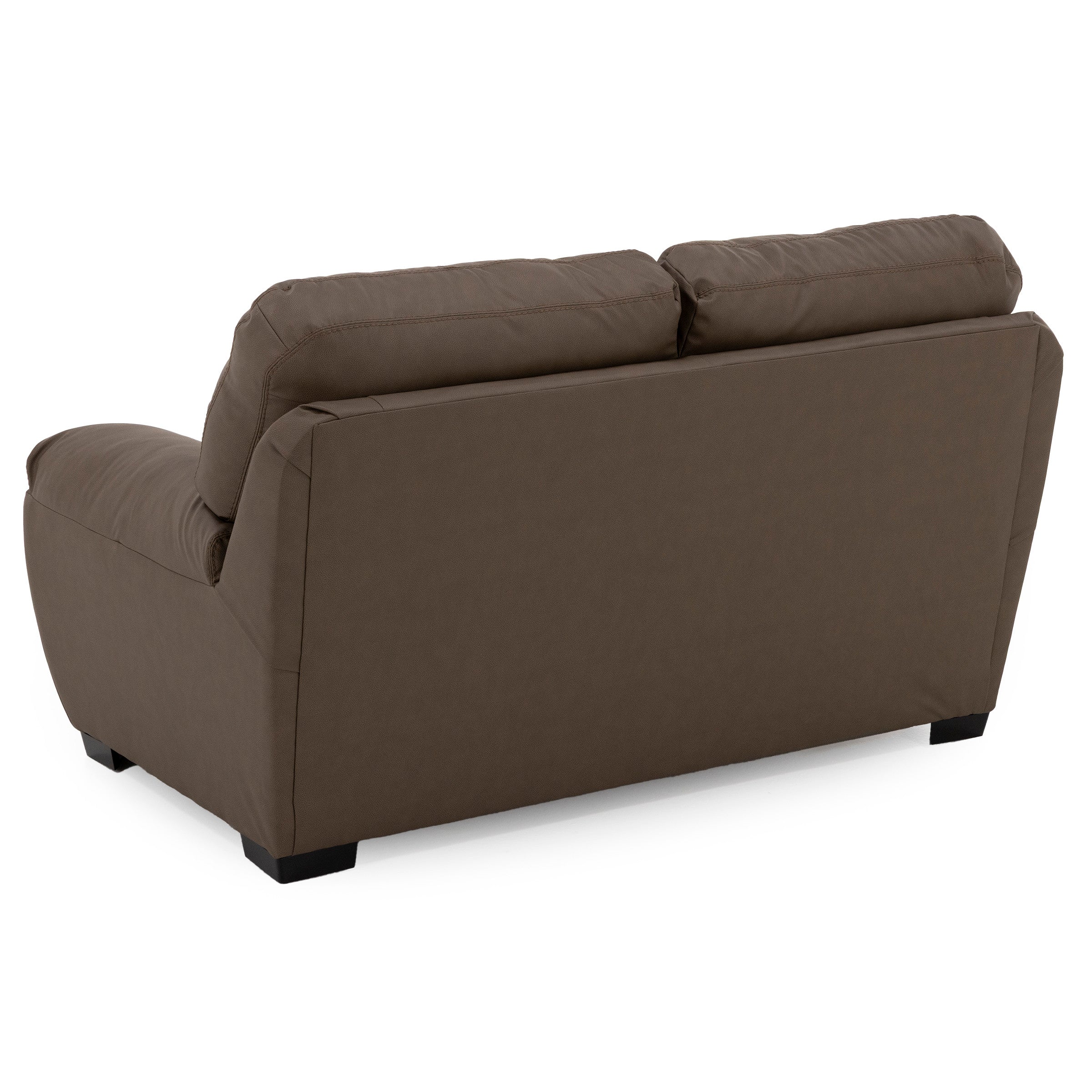 Back view of a brown loveseat with plush cushions and block feet.