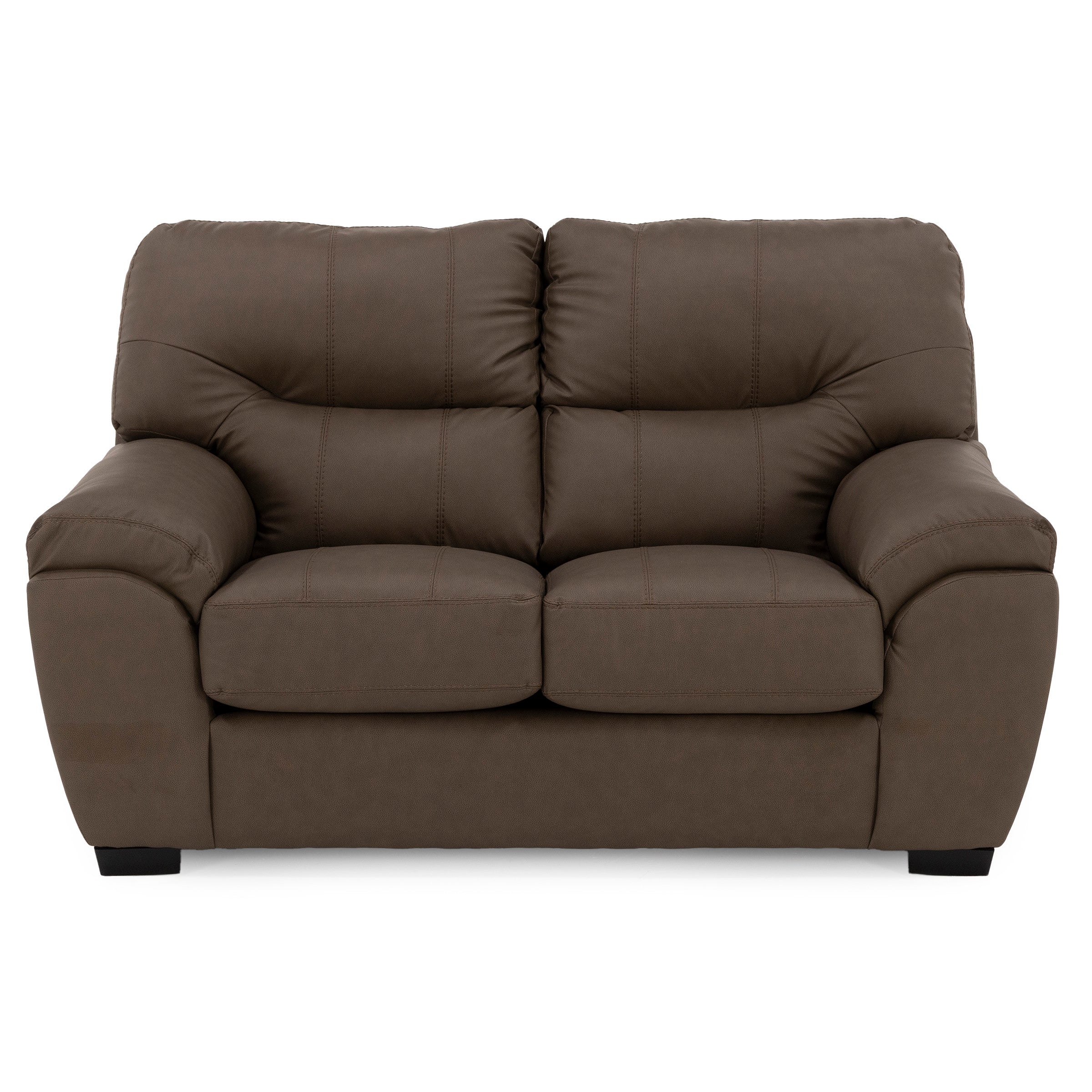 Dark brown two-seat sofa with plush cushions and wide arms, viewed from the front.