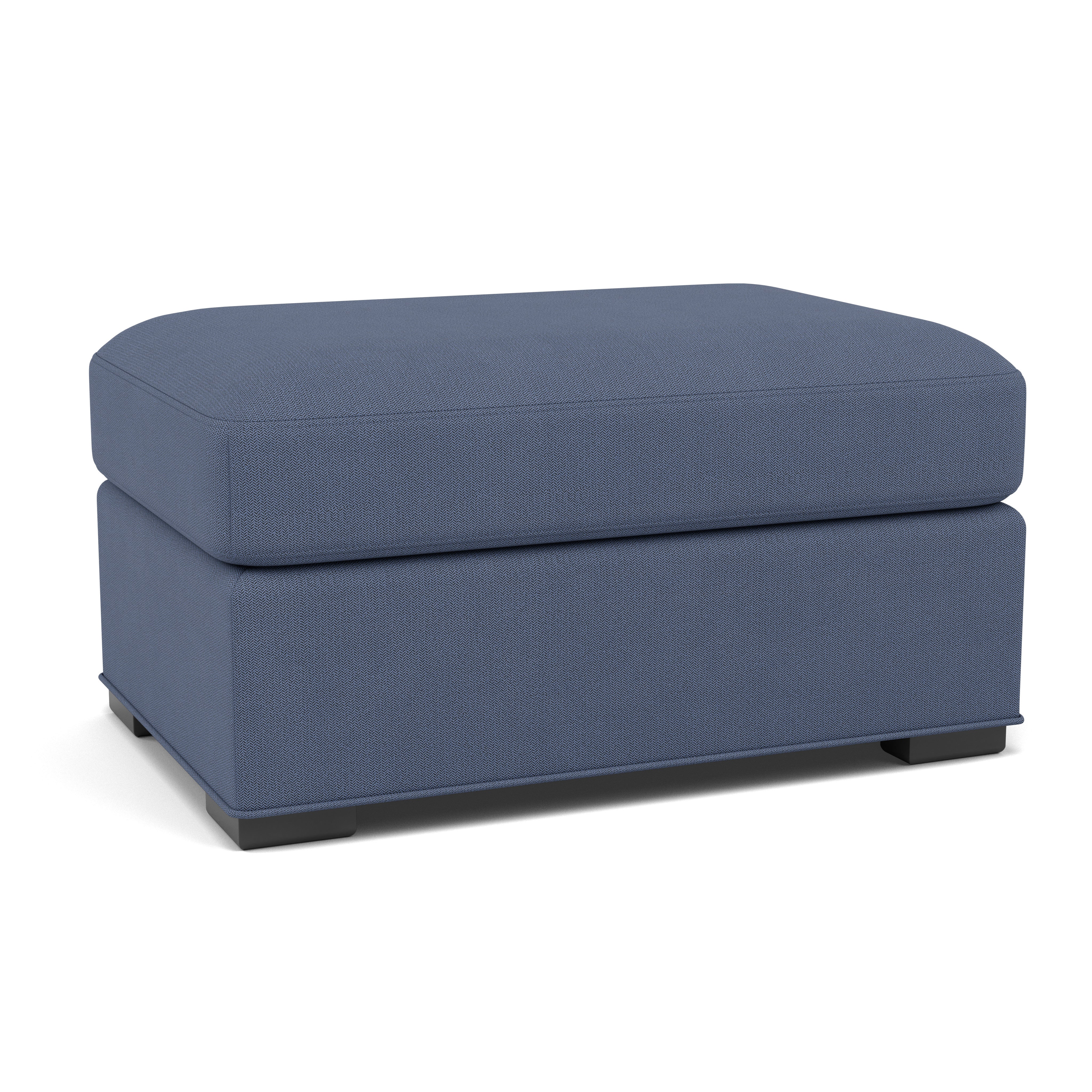 Blue upholstered ottoman with a rectangular shape and short black legs.