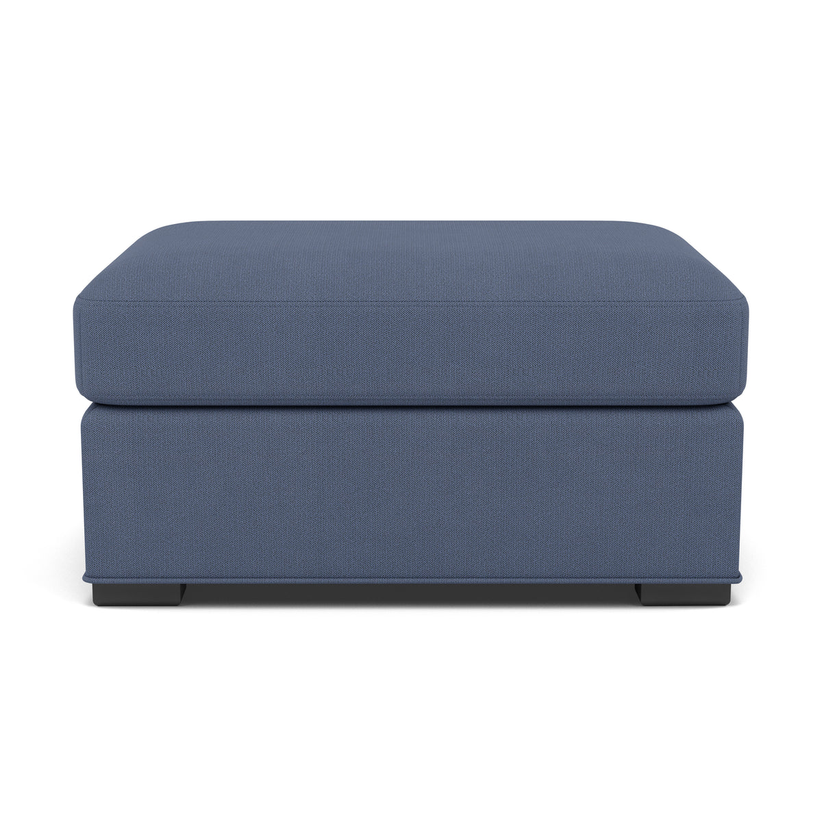 Blue fabric ottoman with black feet, shown from the front.