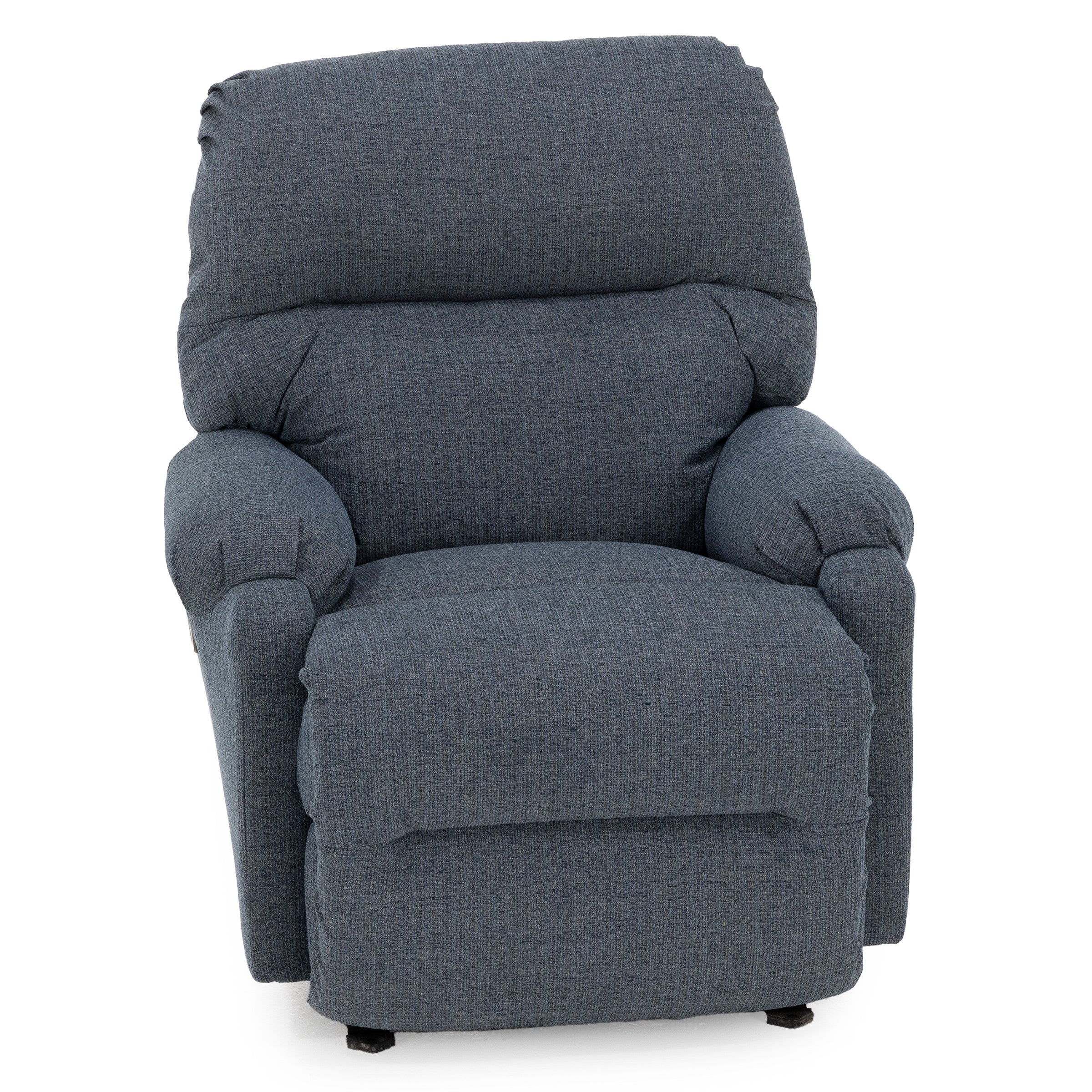 Blue upholstered recliner chair, front view.