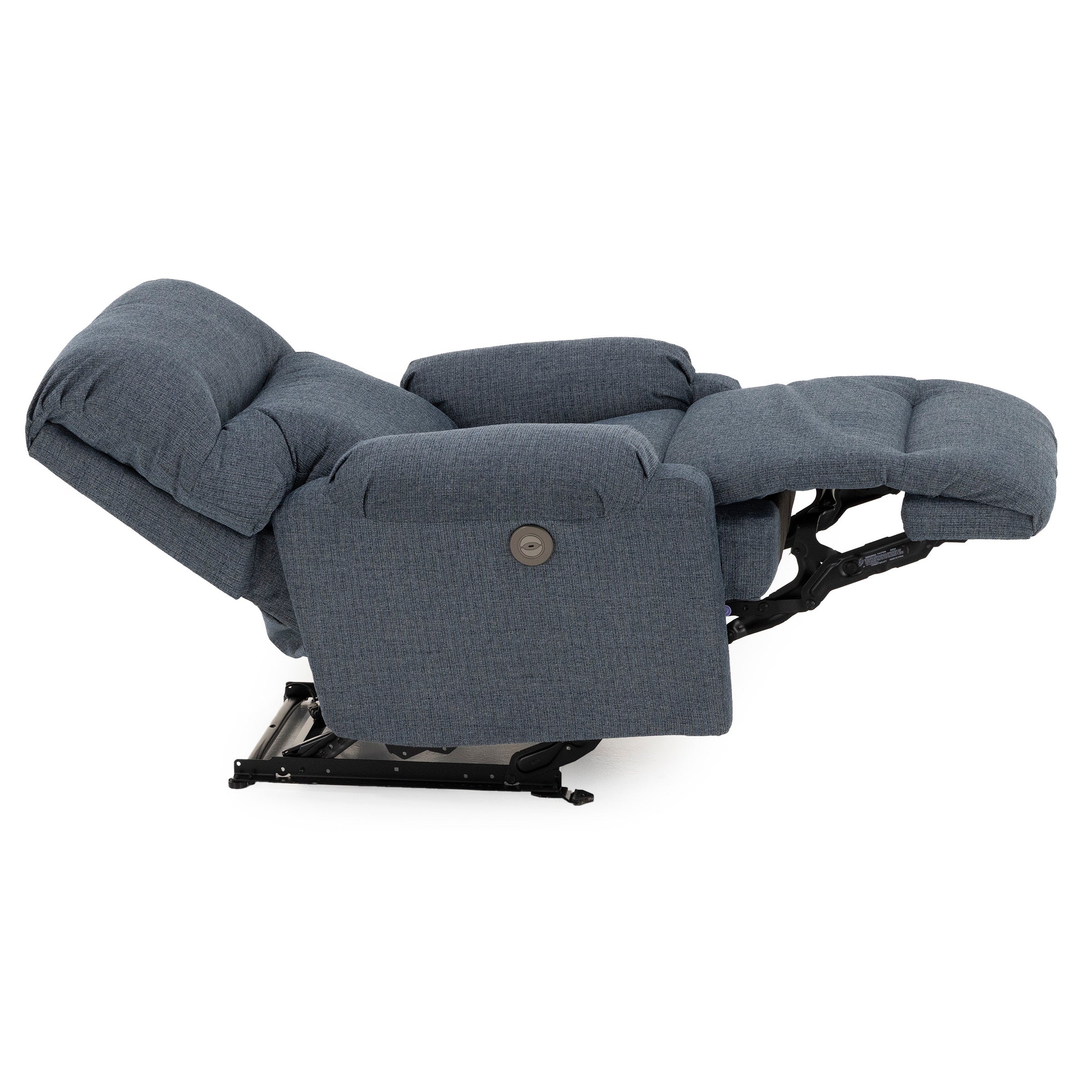 Side view of a blue fabric recliner chair fully extended with a visible recline button.