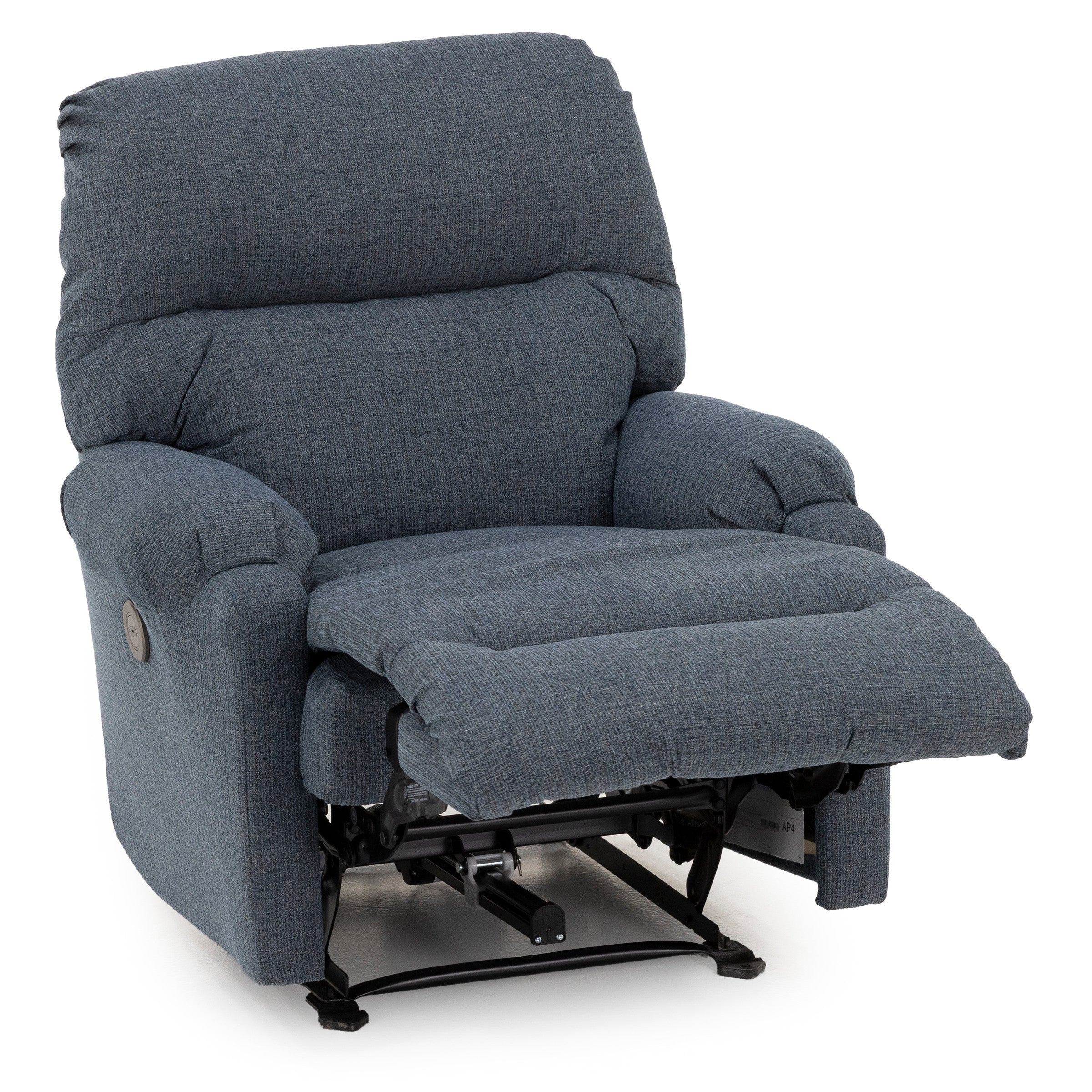 Gray fabric recliner chair with extended footrest and padded cushions.