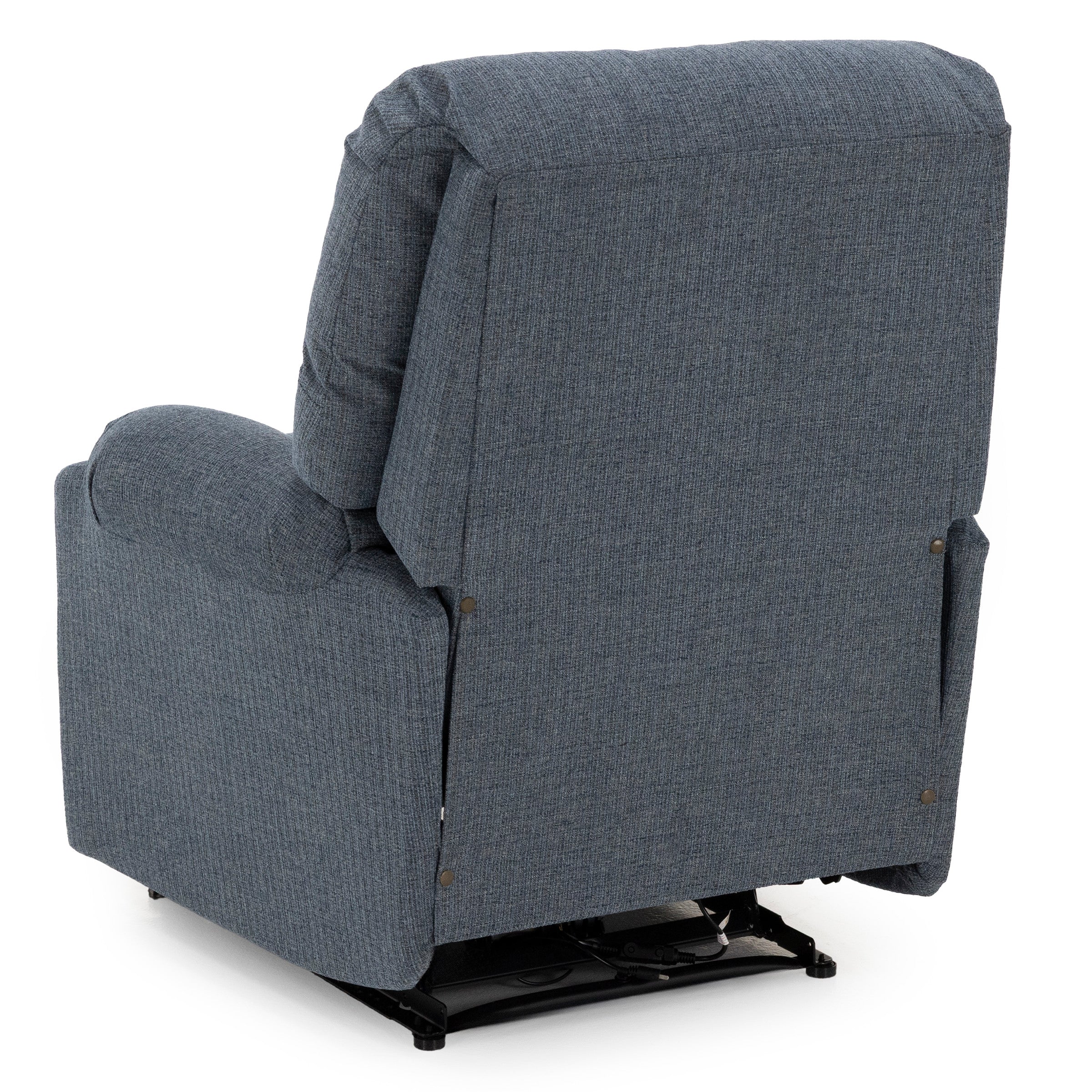 Back view of a blue upholstered recliner chair.