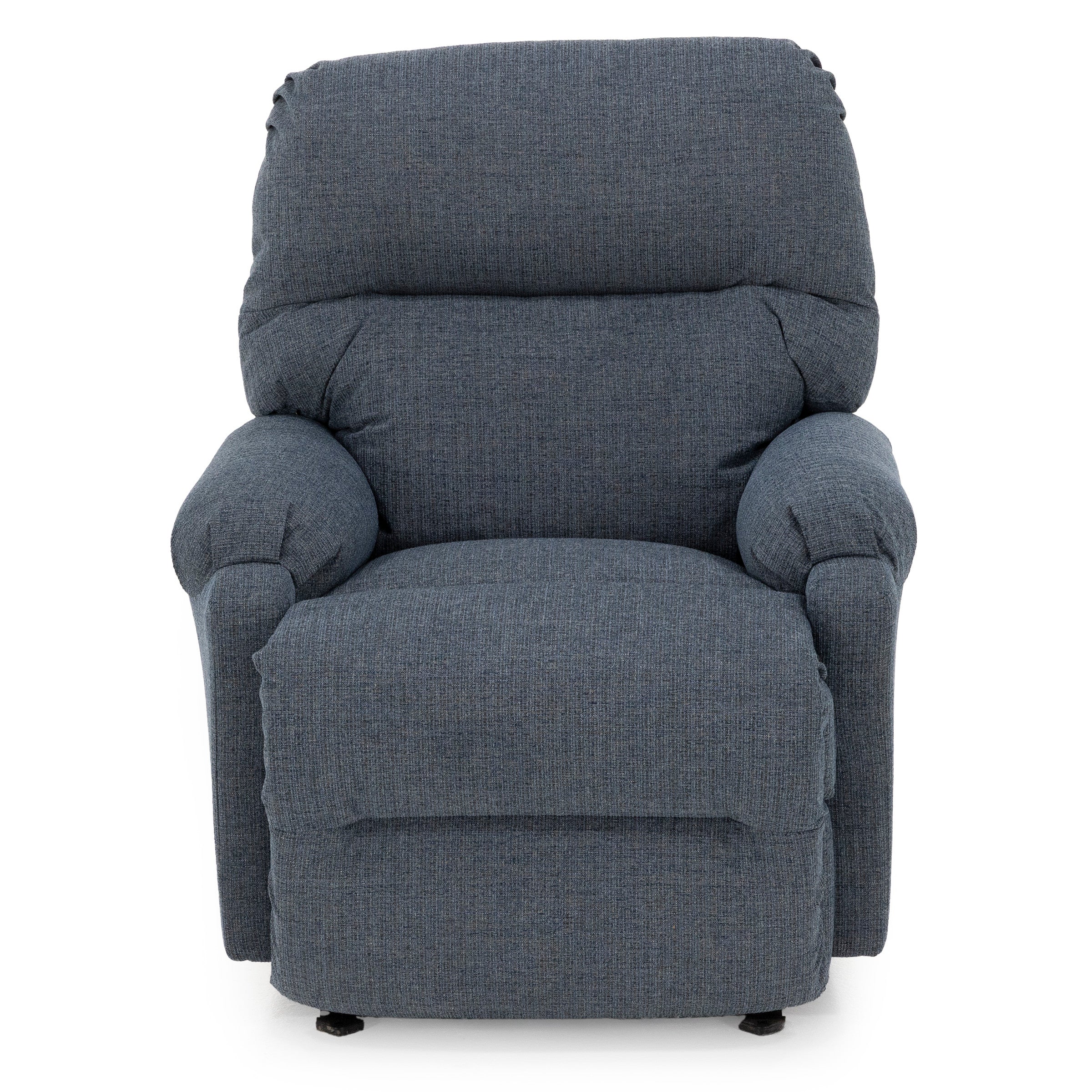 Front view of a blue upholstered recliner chair with padded arms and back.