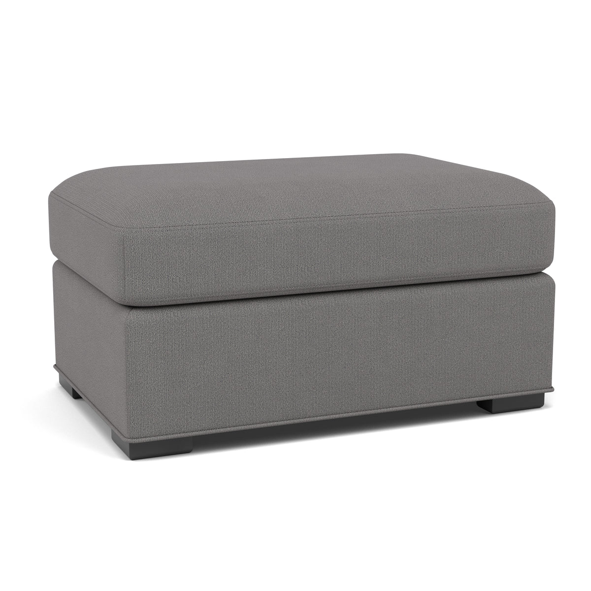 Gray upholstered ottoman with square shape and short legs.
