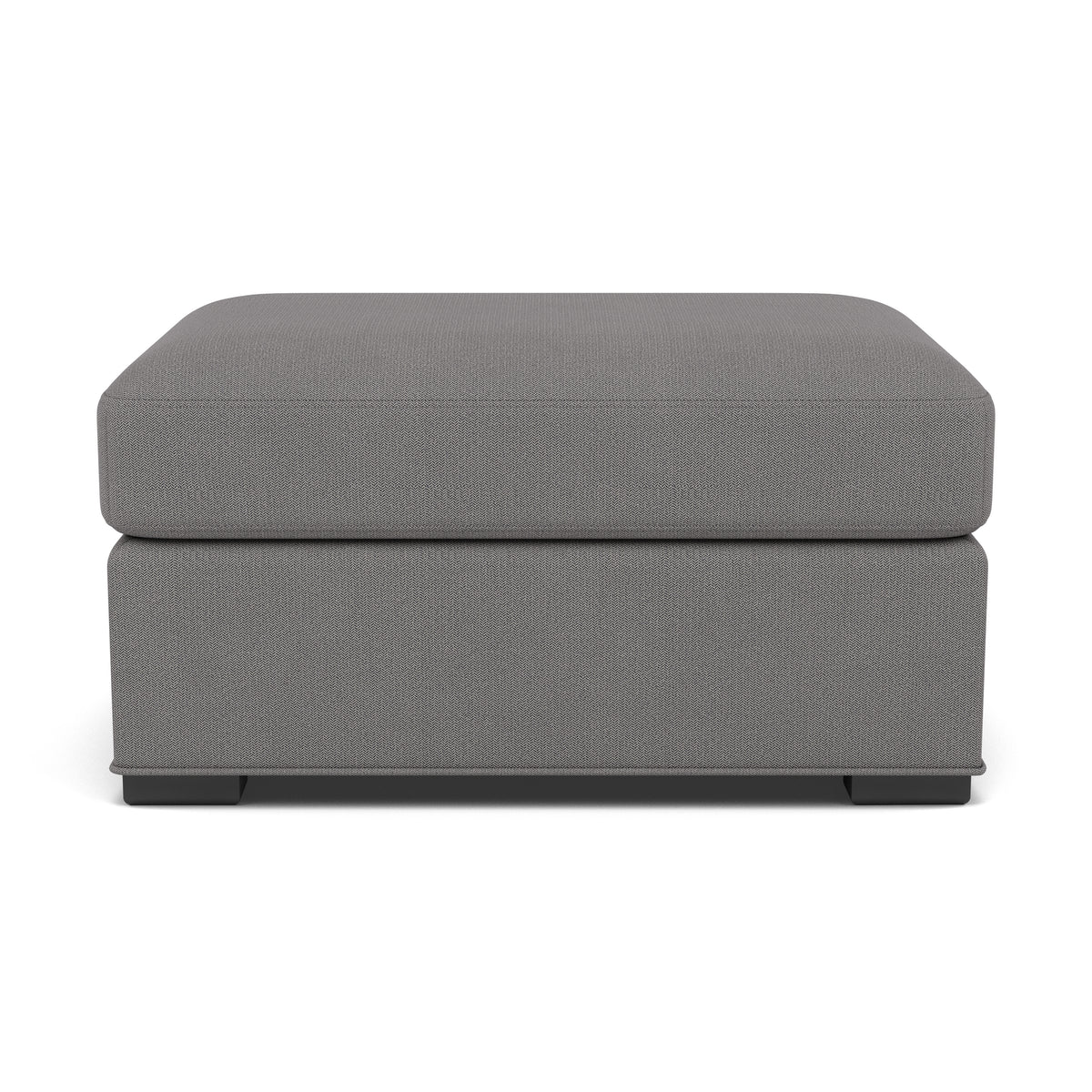 Square gray upholstered ottoman with short block feet, viewed from the front.