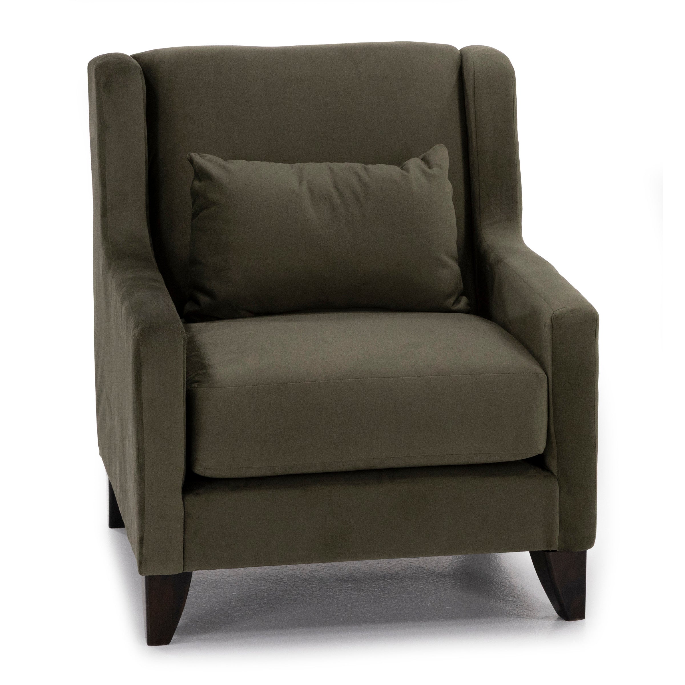 Olive green upholstered armchair with matching accent pillow.