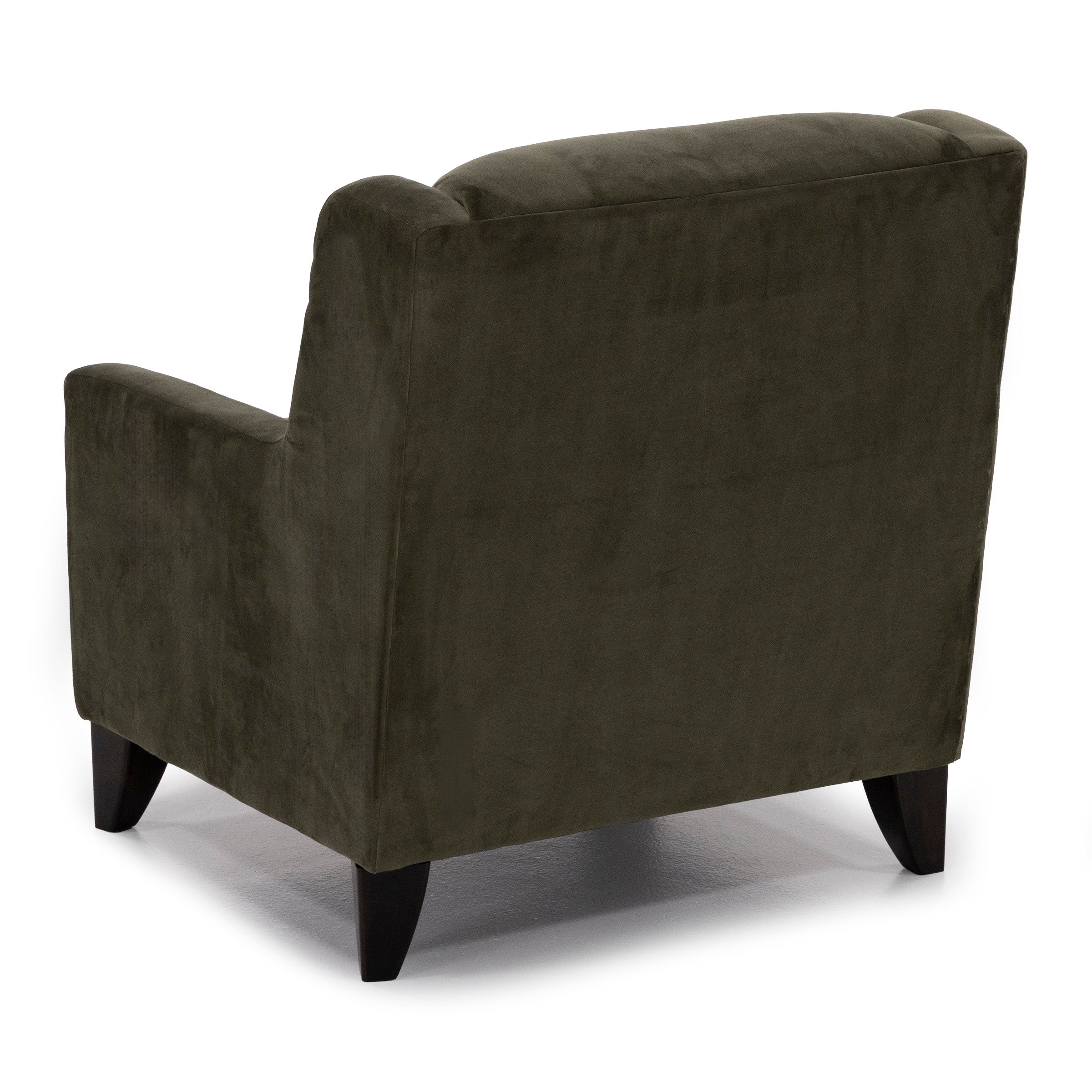 Back view of an olive green upholstered armchair with dark wood legs.