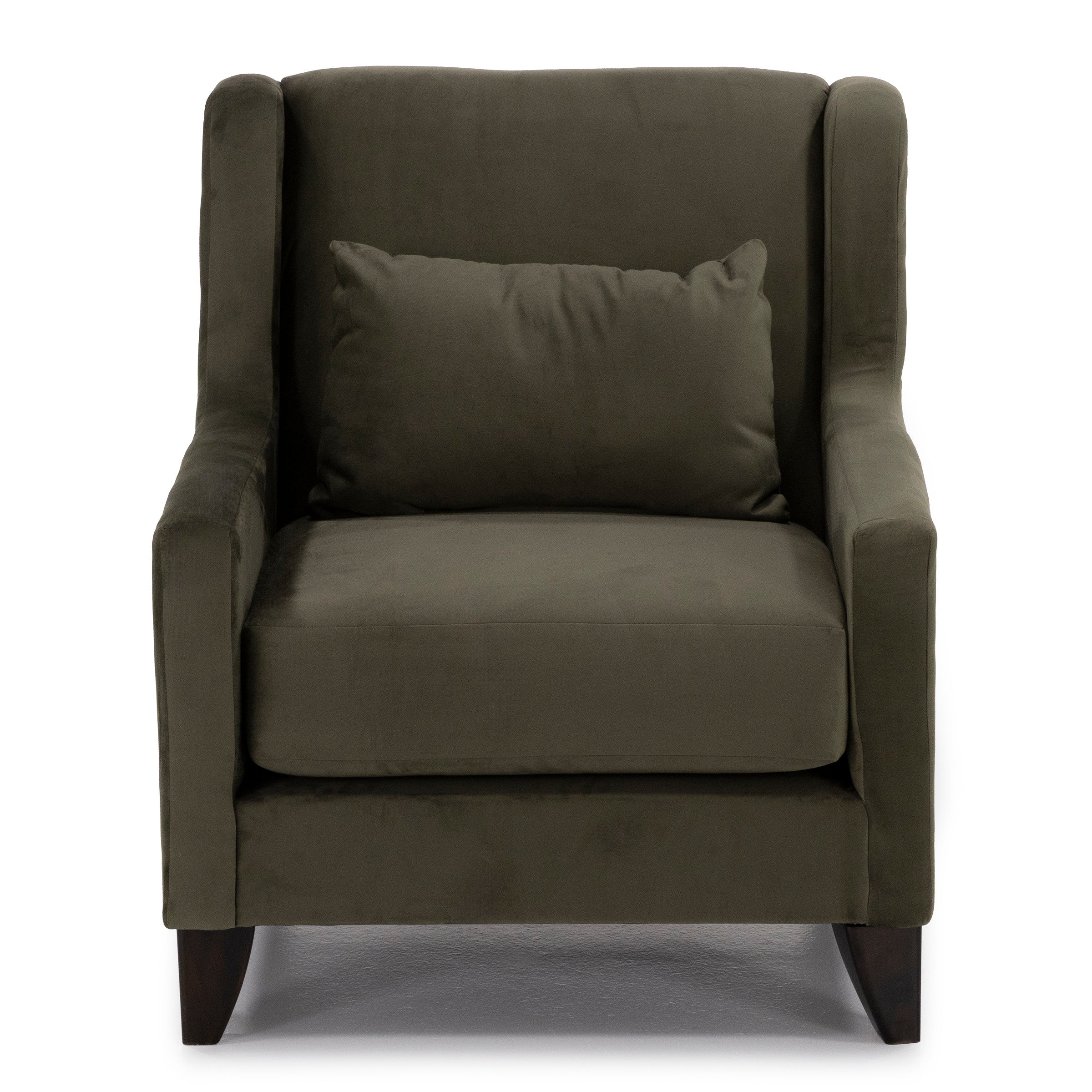 Dark green armchair with cushion, front view on white background.