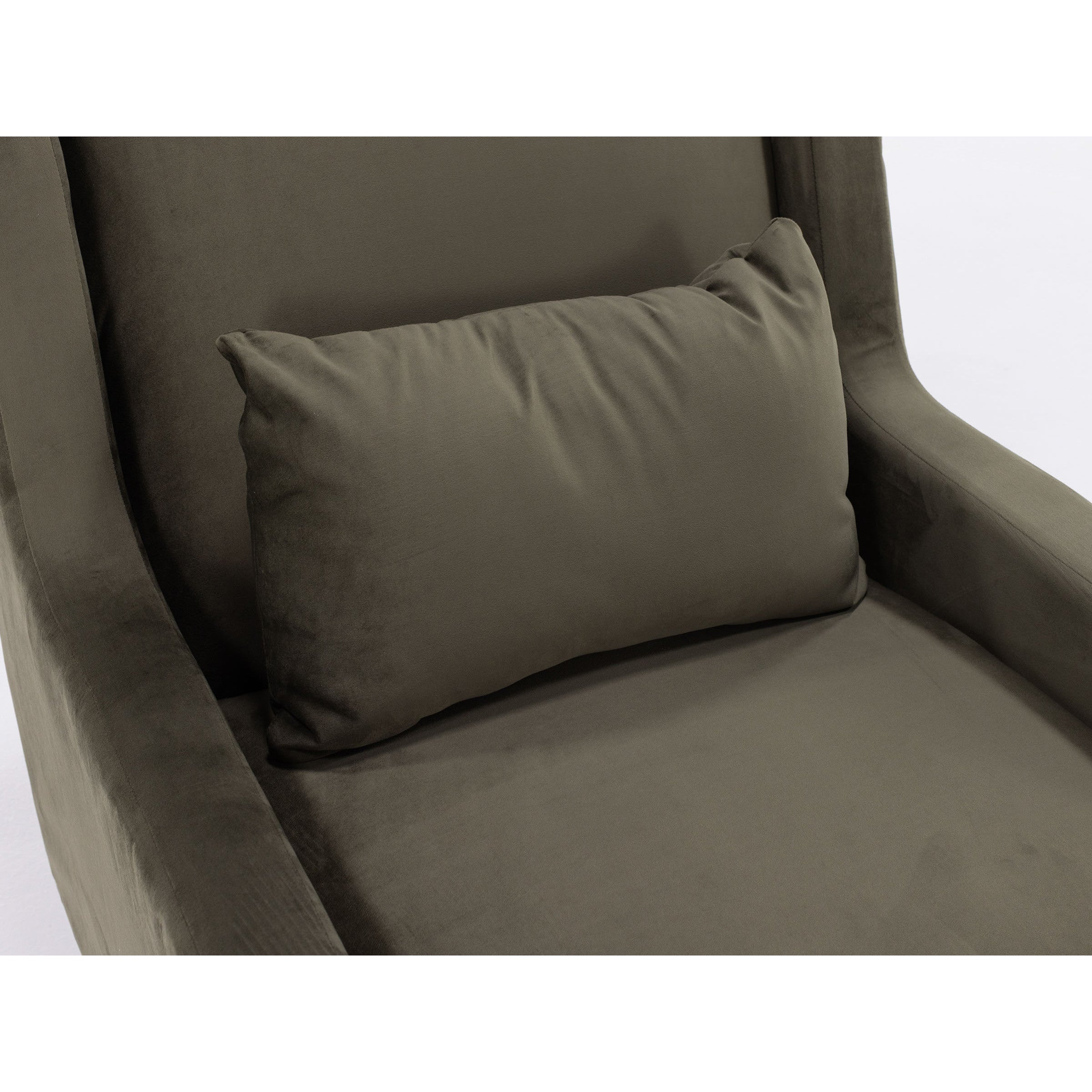 Close-up of a taupe armchair with a rectangular matching pillow.