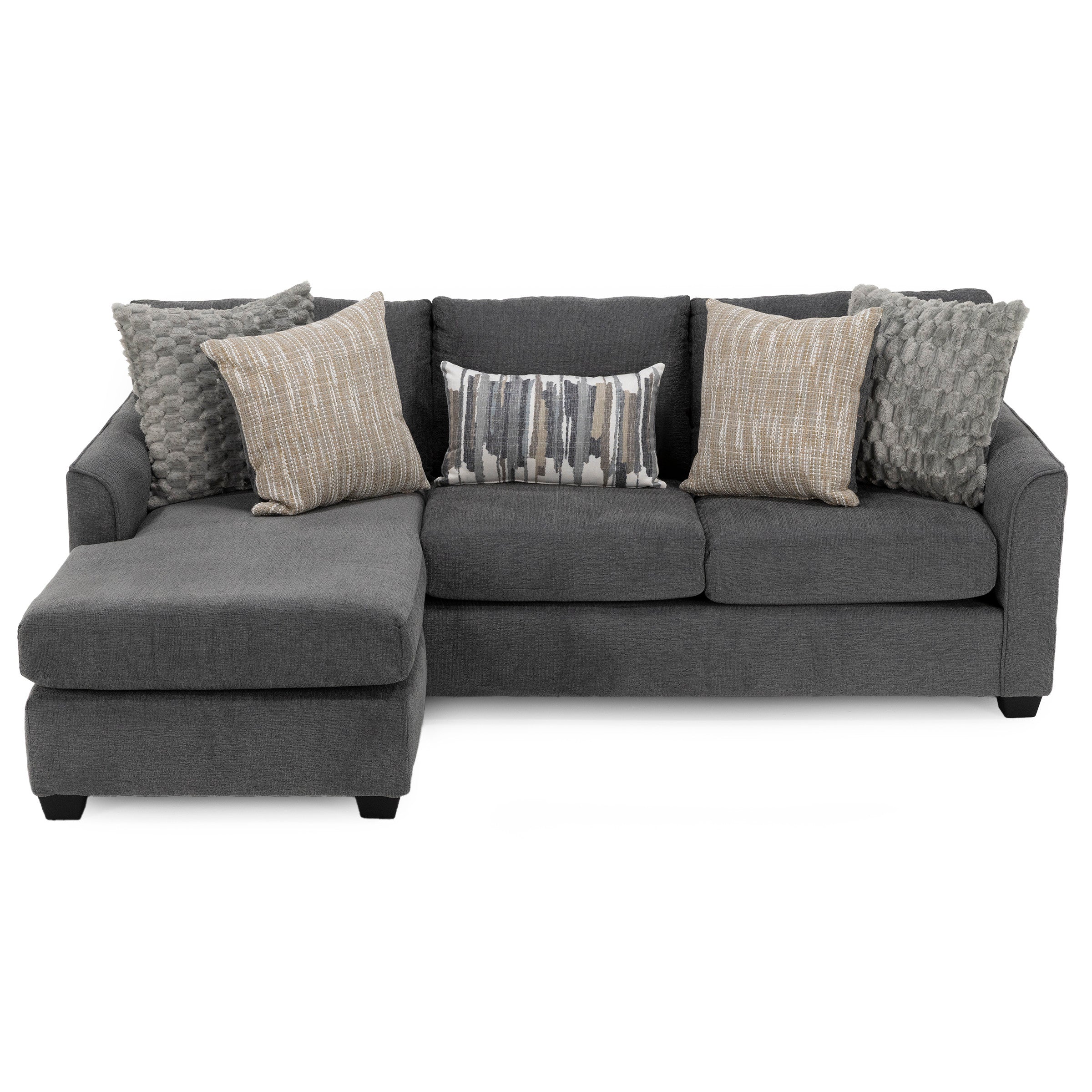 Dark gray sectional sofa with five assorted throw pillows.