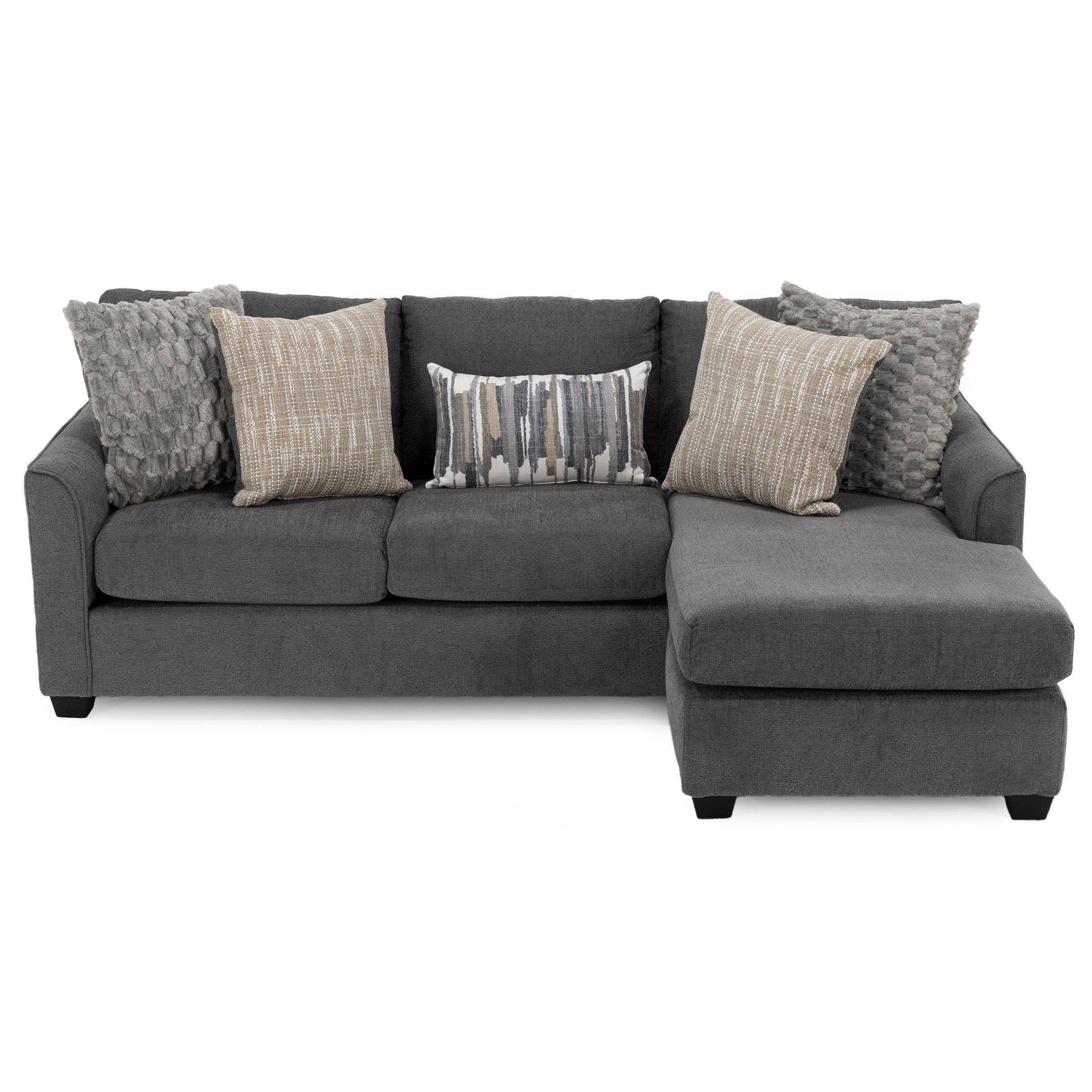 Modern dark gray sectional sofa with chaise and five decorative pillows.