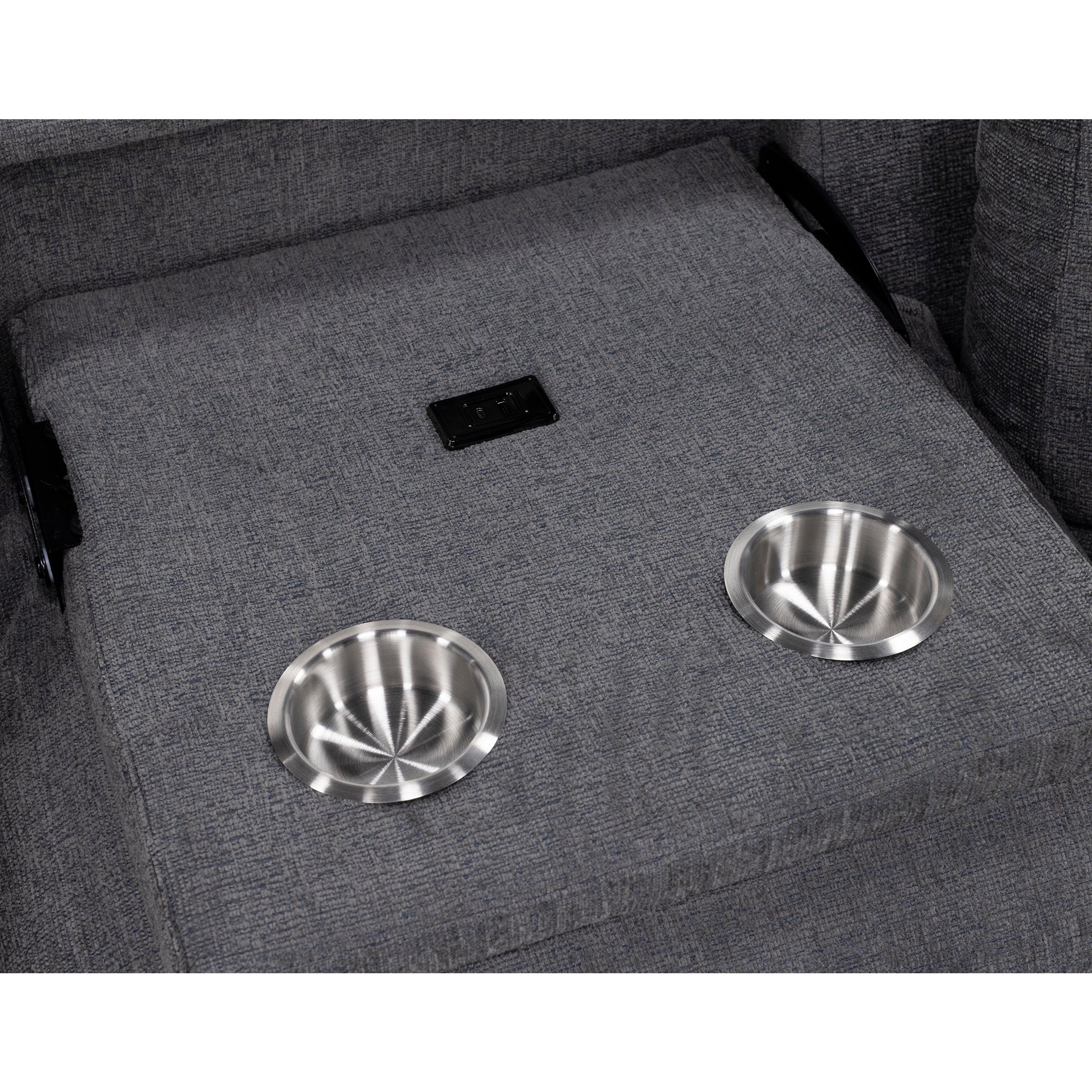 Gray fabric console with two built-in cup holders and a power outlet.
