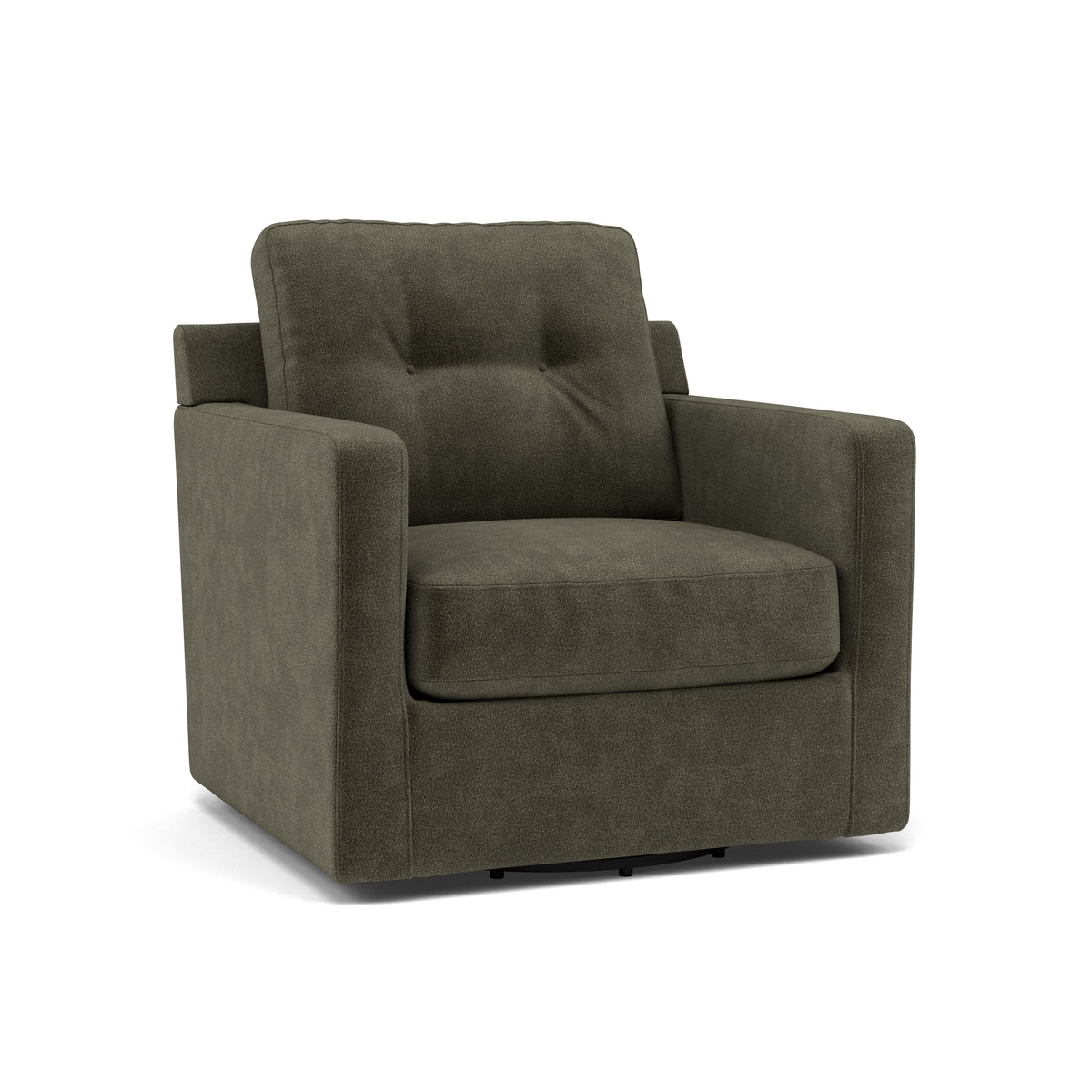 Modern dark green upholstered armchair with square arms and tufted back.