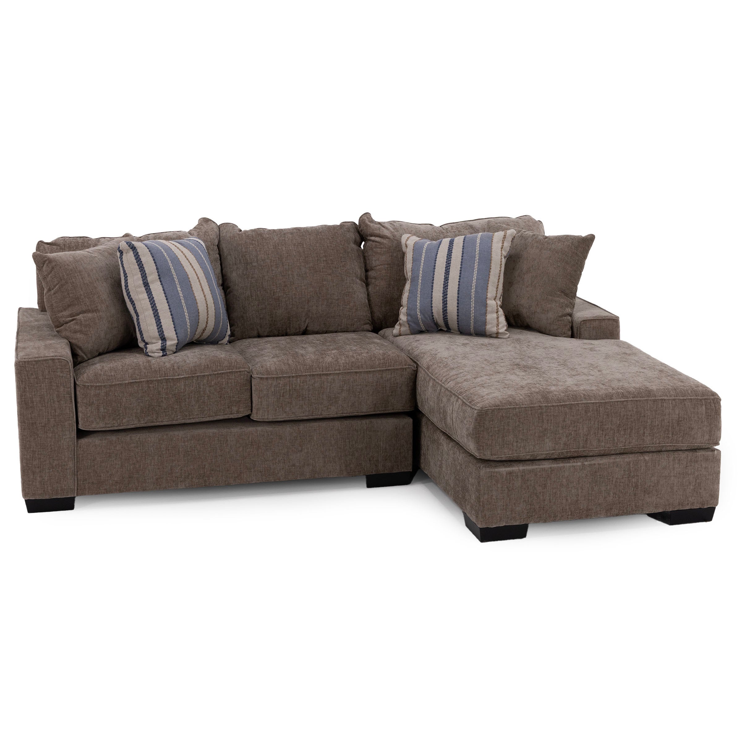 Gray sectional sofa with chaise lounge, five cushions, and two striped accent pillows.