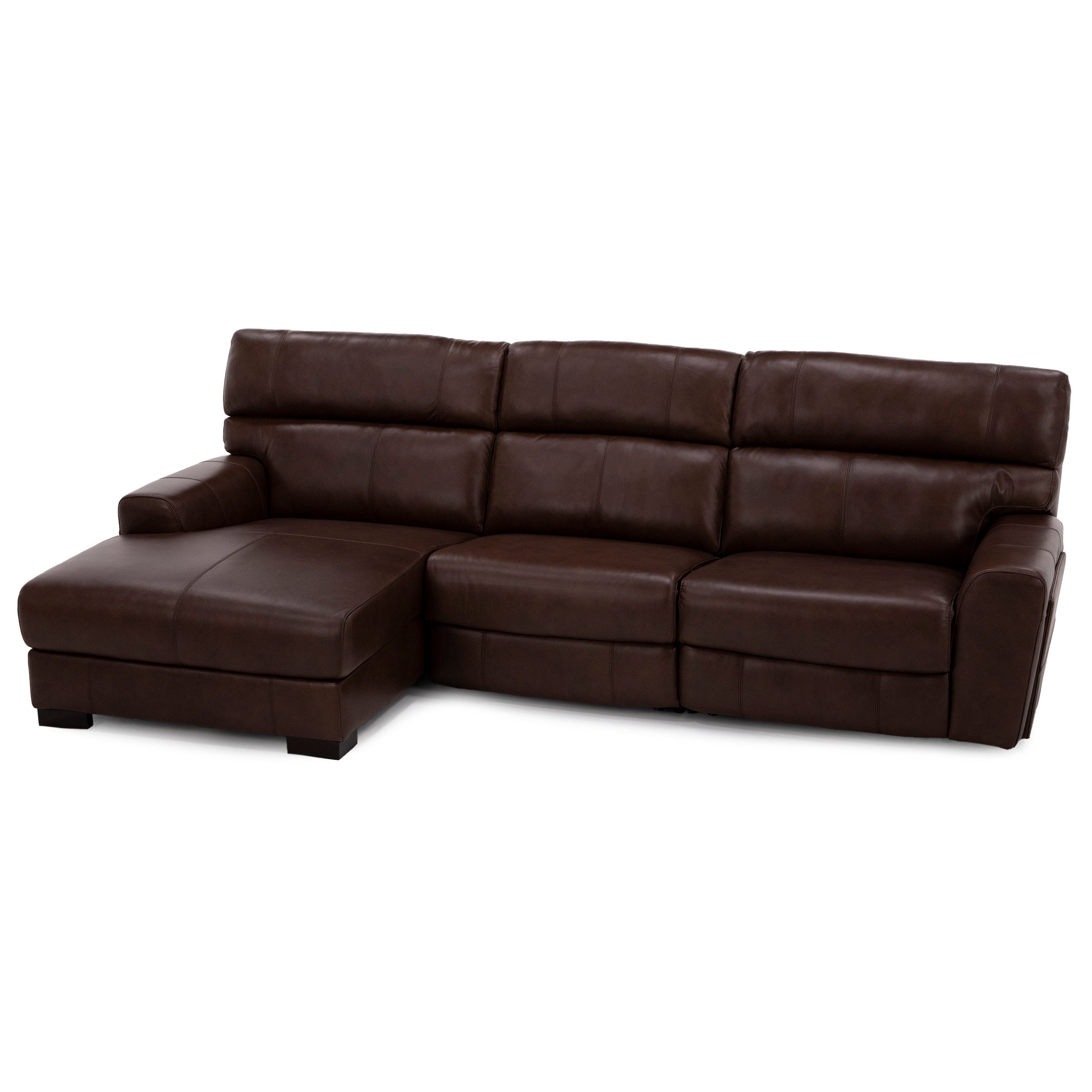 Dark brown leather sectional sofa with left-facing chaise.