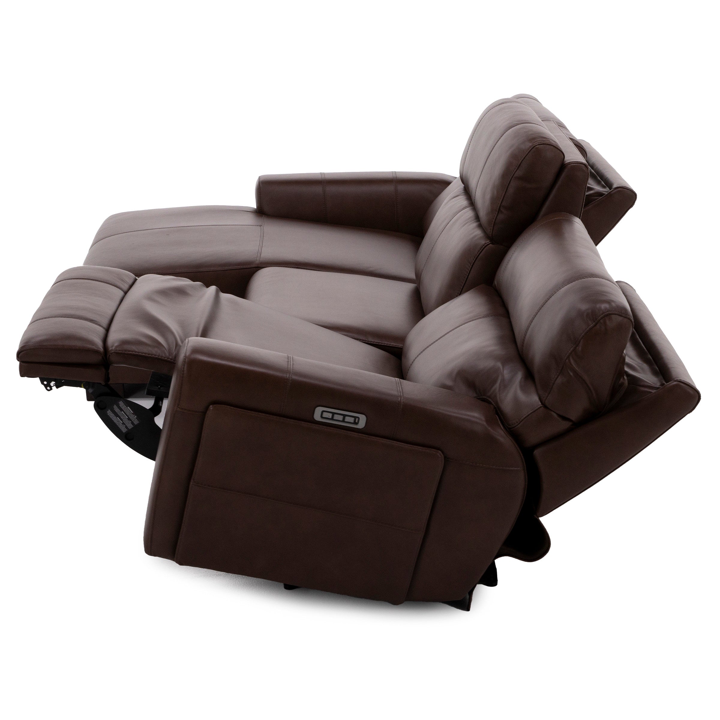 Brown leather reclining sofa shown in fully reclined position.