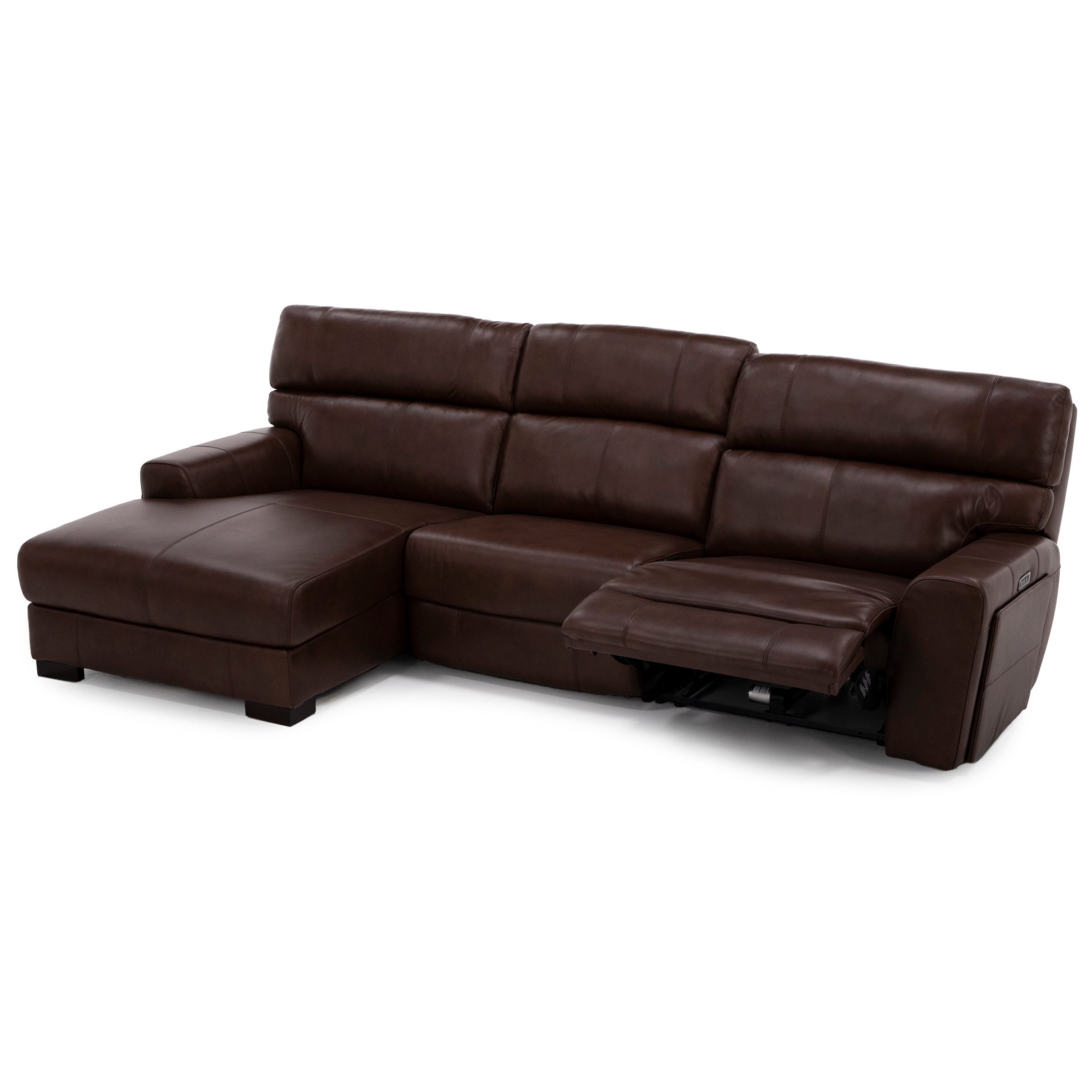 Brown leather sectional sofa with left-side chaise and right-side reclining seat.