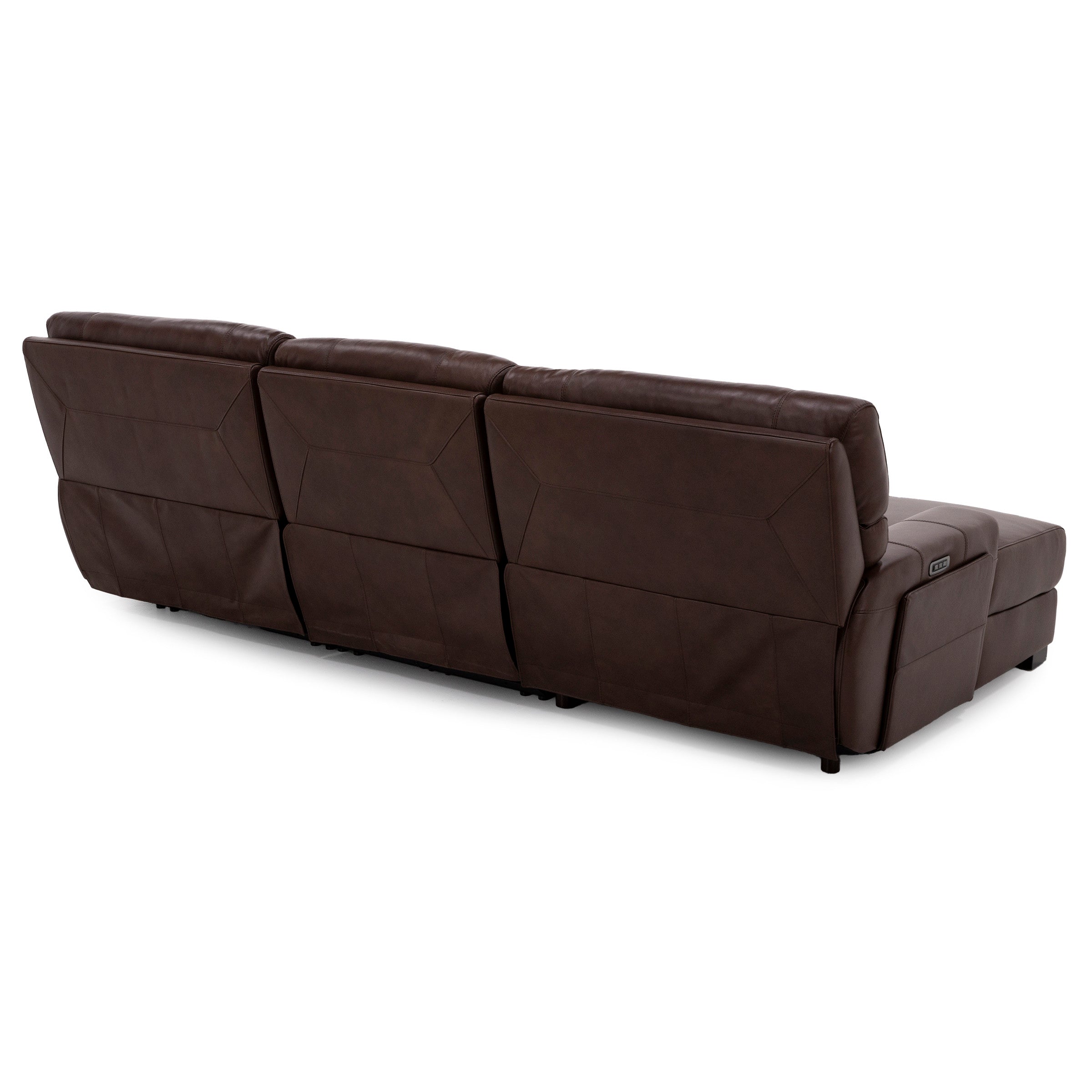 Back view of a brown leather sectional sofa with visible seams and power control panel.