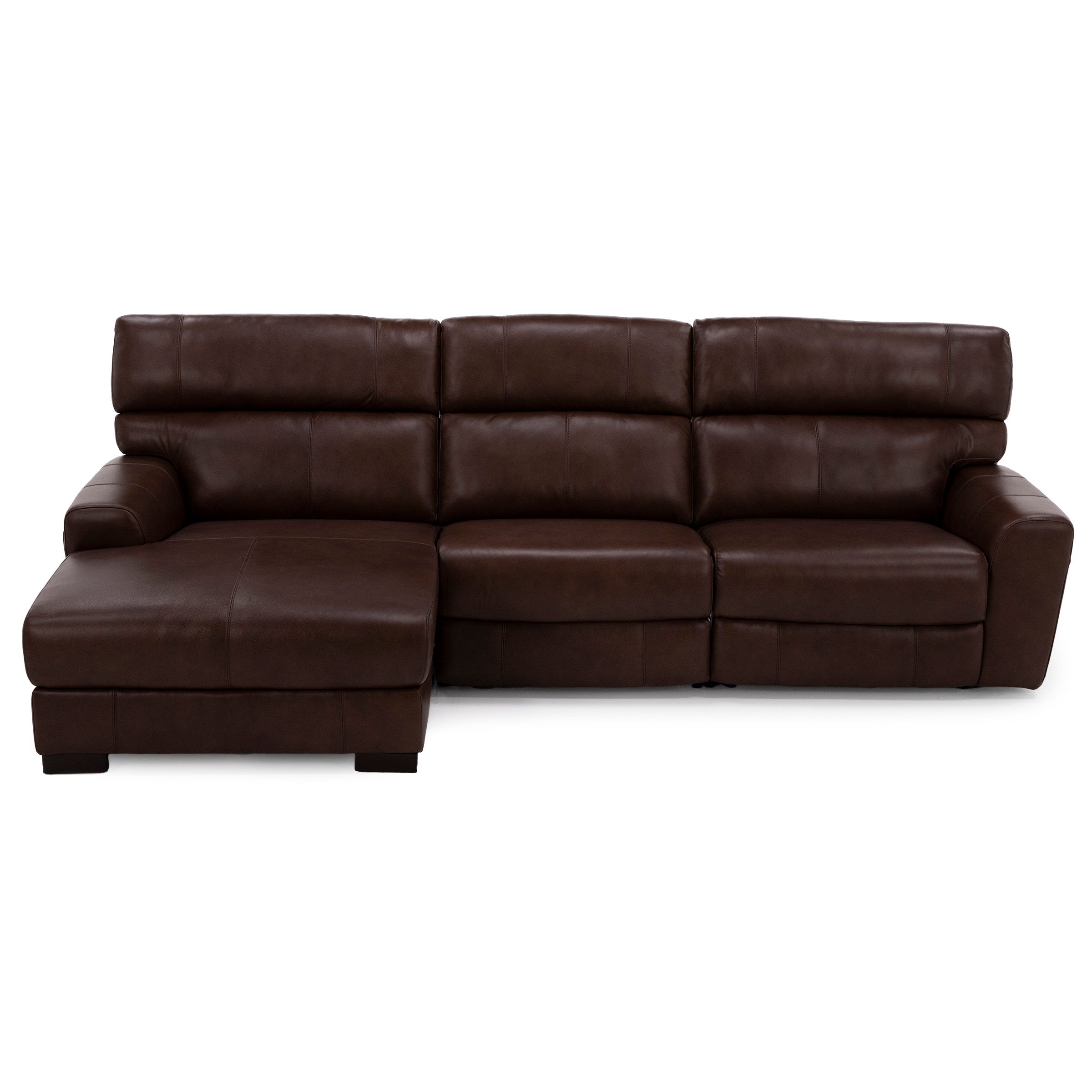 Dark brown leather sectional sofa with wide seats and left chaise.