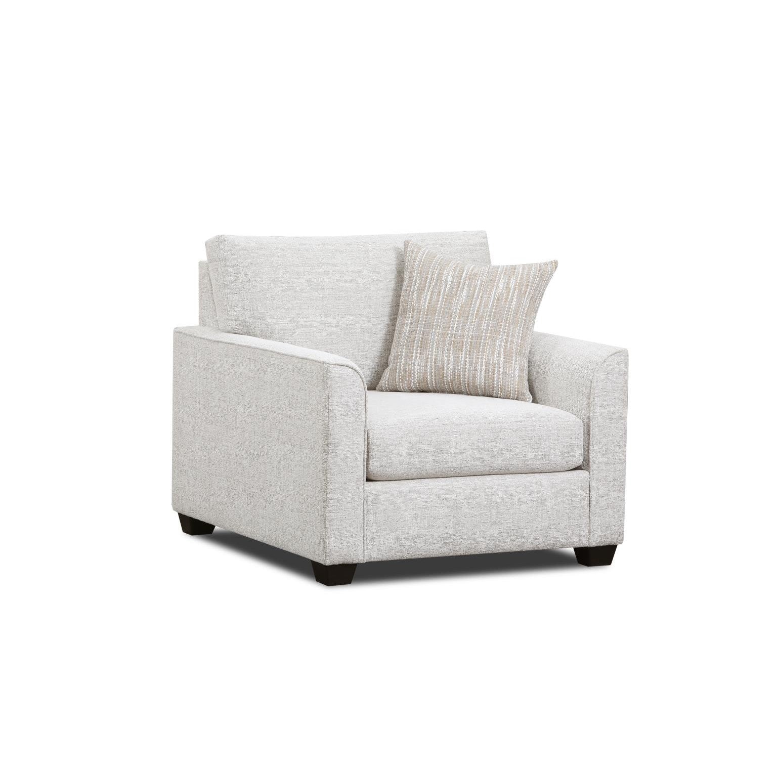 Light gray armchair with a patterned cushion.