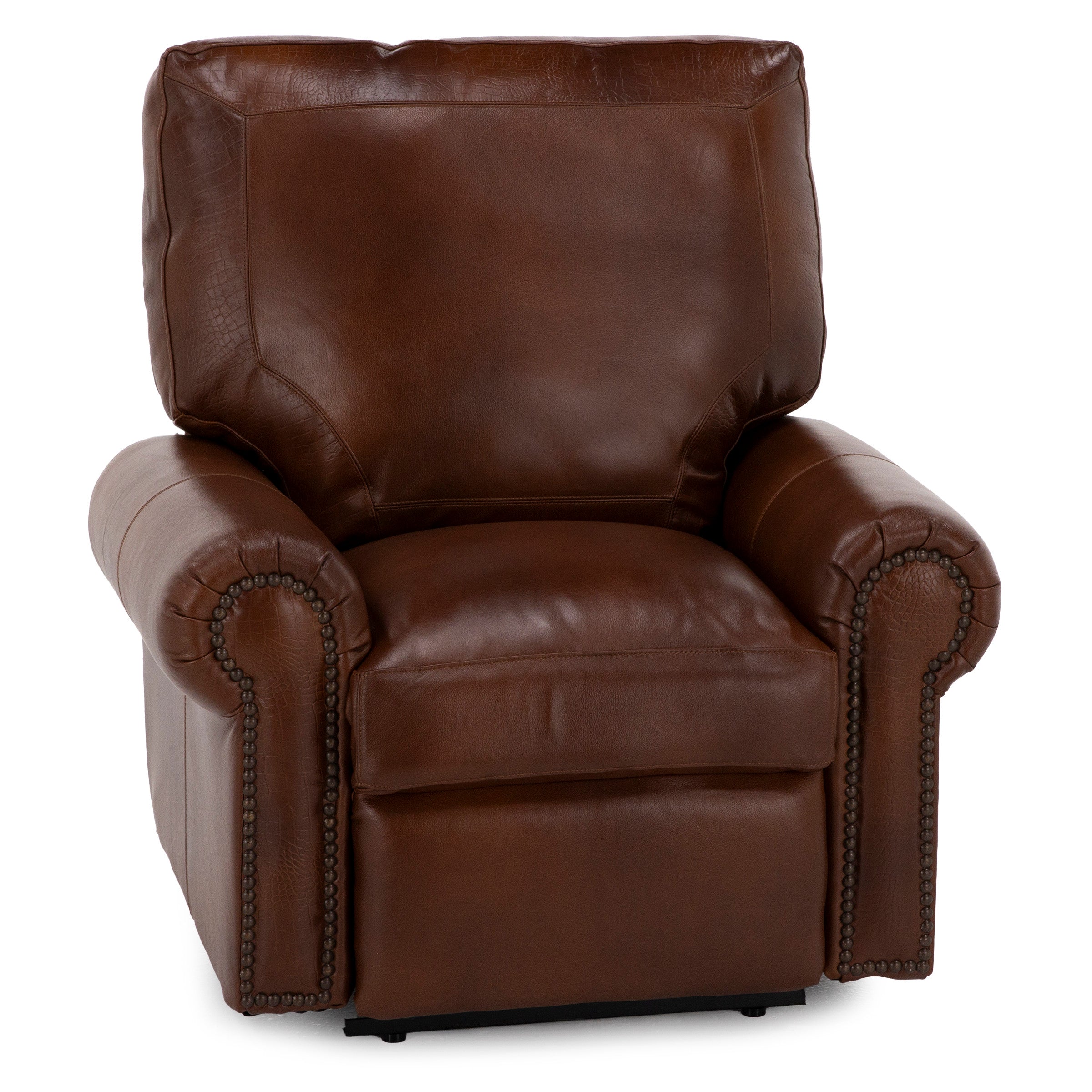 Brown leather armchair with nailhead trim and rolled arms.