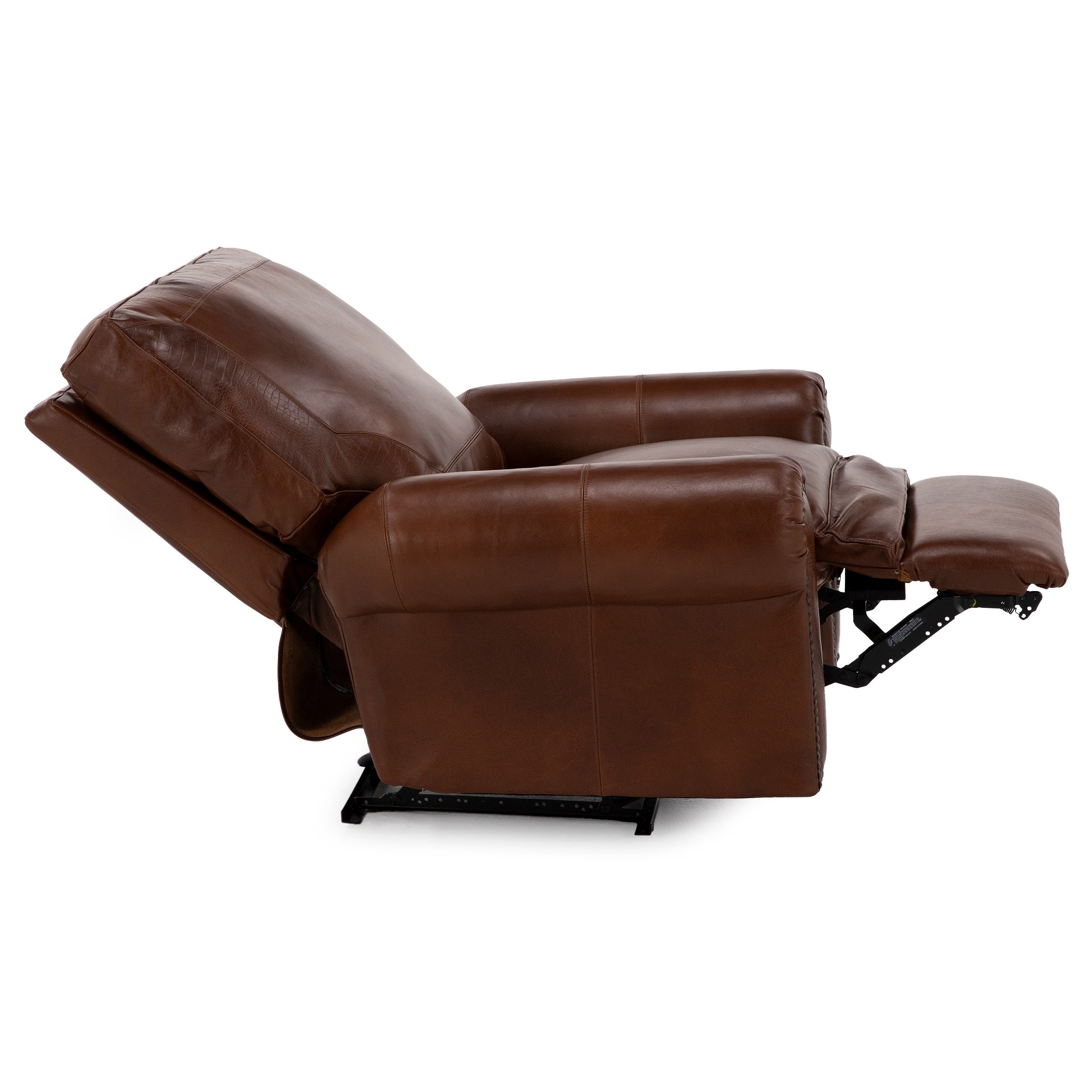 Brown leather recliner chair fully extended with raised footrest, shown from side view.