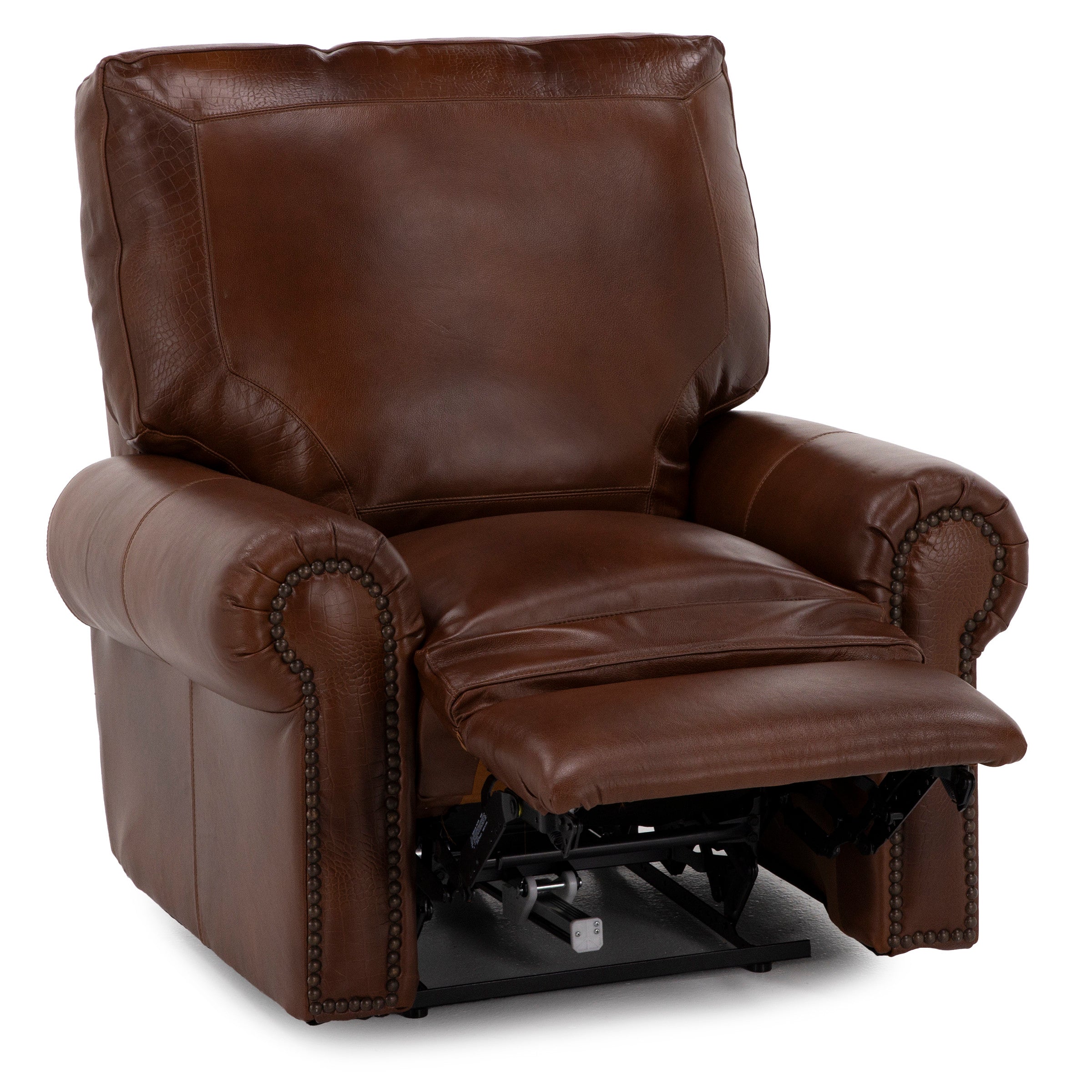 Brown leather recliner chair with extended footrest.
